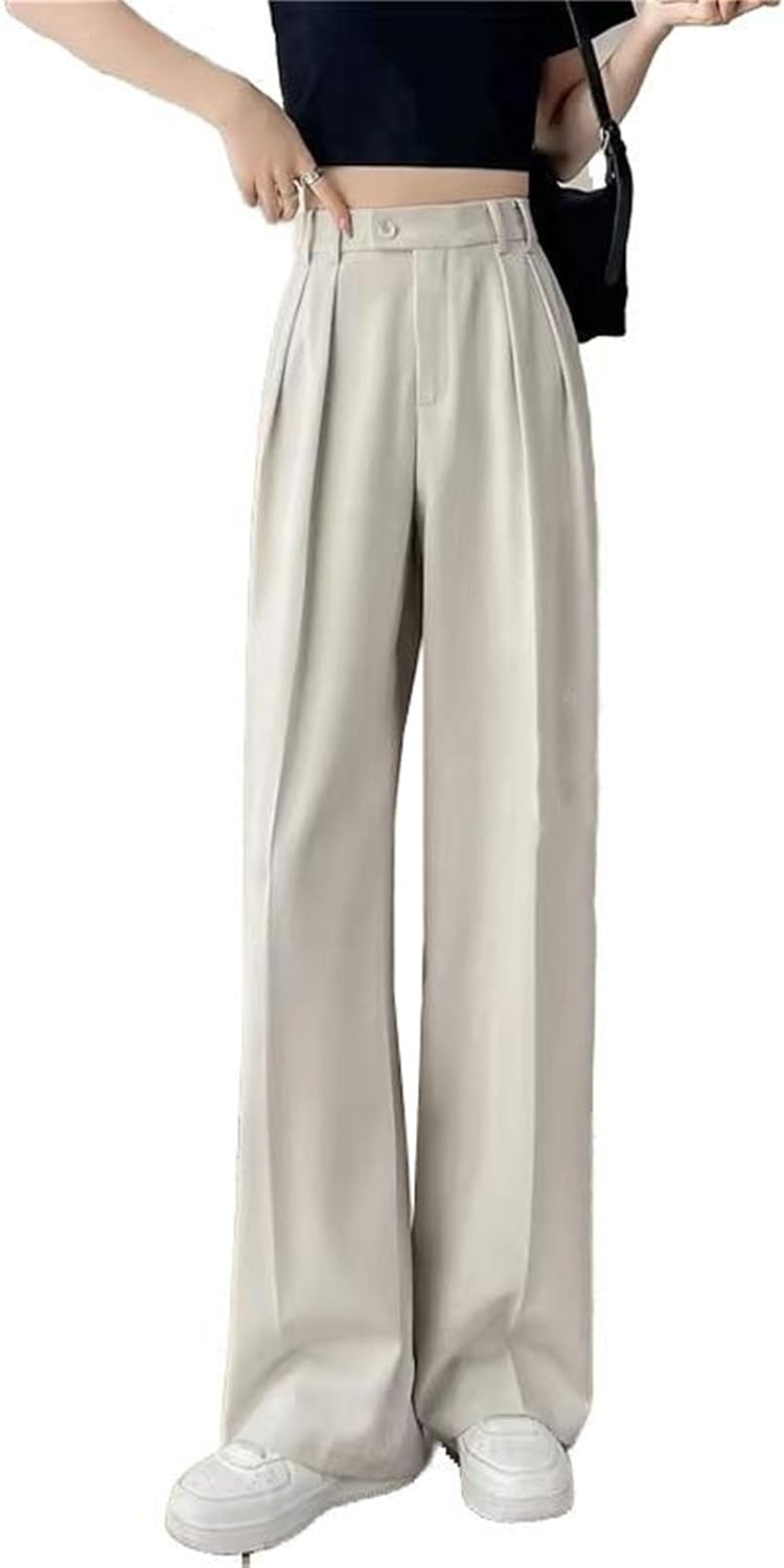 Women's Elegant Straight Trousers Button Wide Leg Pants with Pockets Spring Summer