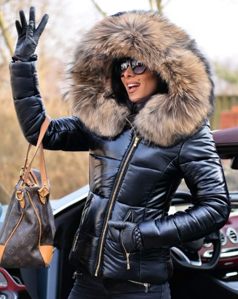 Women's Short Glossy Puffer Jacket Faux Fur Hood Black Women's Short Glossy Puffer Jacket Faux Fur Hood Black