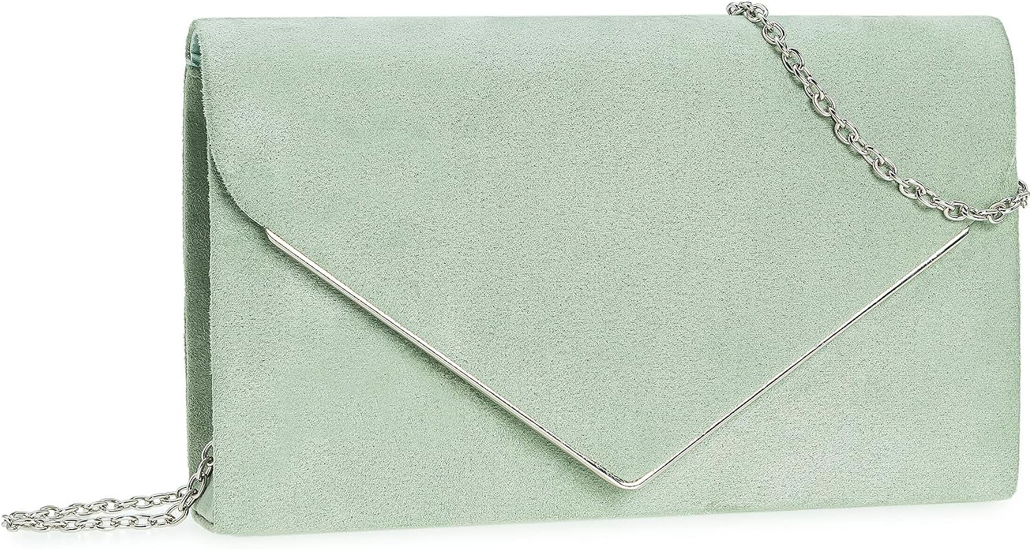 Women's Green Suede Envelope Clutch Evening Purse with Chain Women's Green Suede Envelope Clutch Evening Purse with Chain