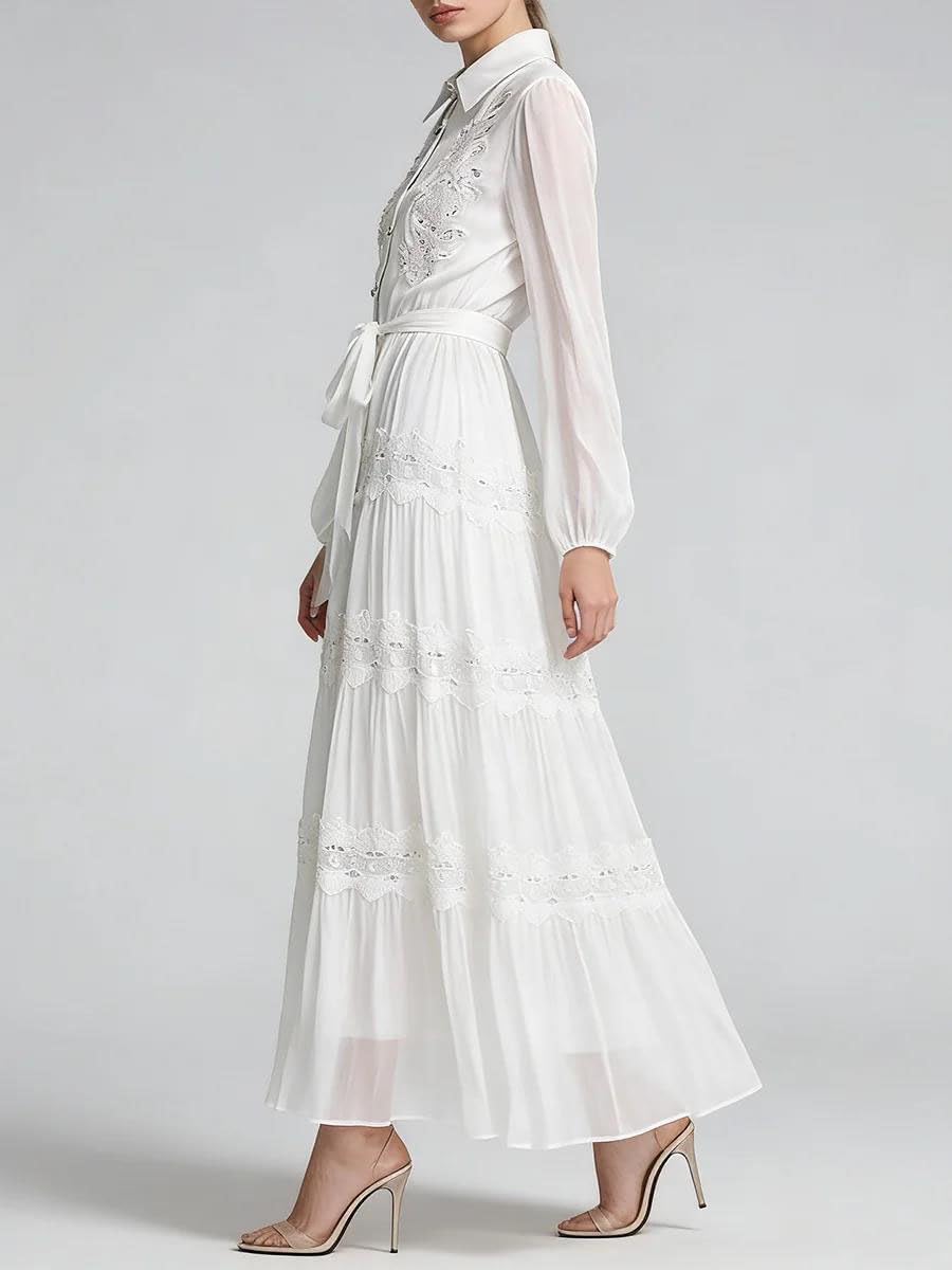 Women's Floral Embroidered Maxi Dress Lapel Long Sleeve Pink