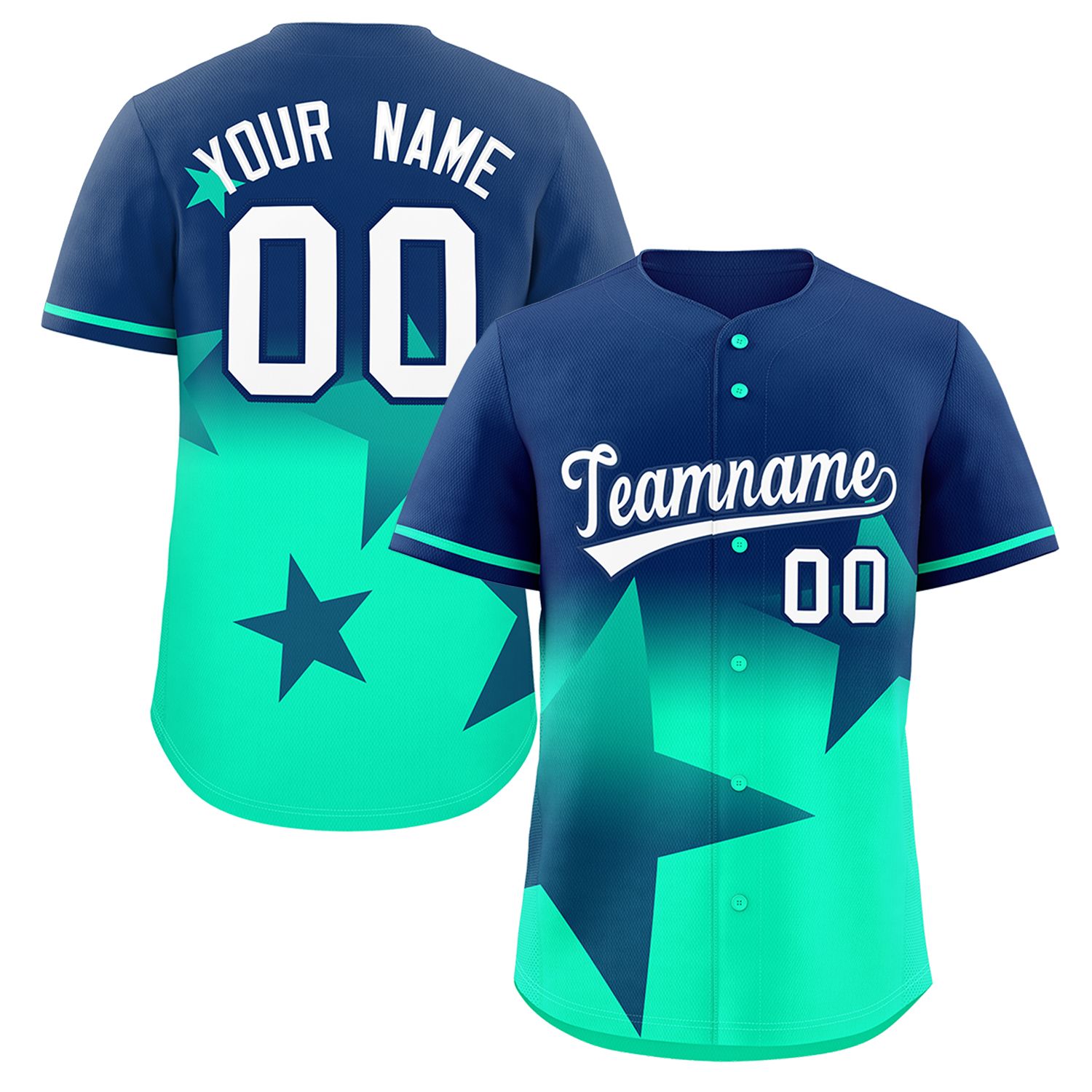 Benutzerdefiniertes, authentisches Baseball-Trikot mit Stern-Graffiti-Muster in Marineblau mit Farbverlauf in Hellgrün