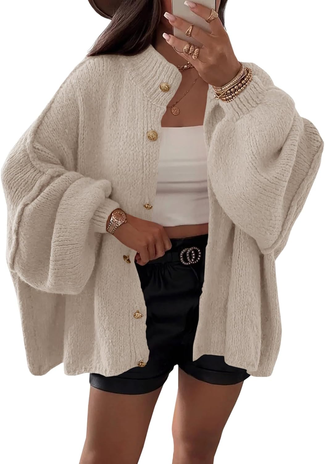 Womens Oversized Cardigans Long Lantern Sleeve Button Down Chunky Knit Loose Fall Sweater Coats
