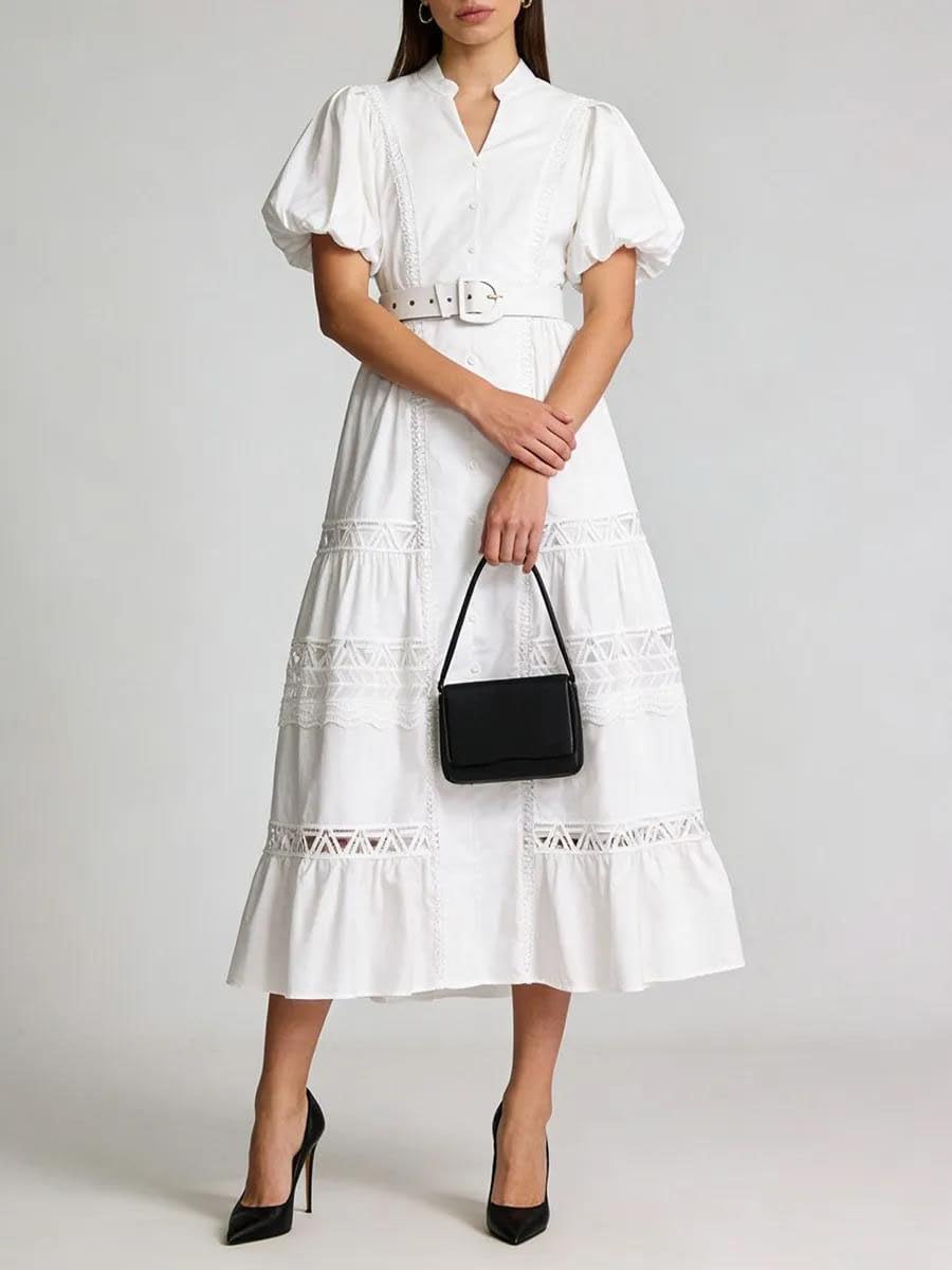 Women's Belted Lace Trim Maxi Dress Puff Sleeve Pink