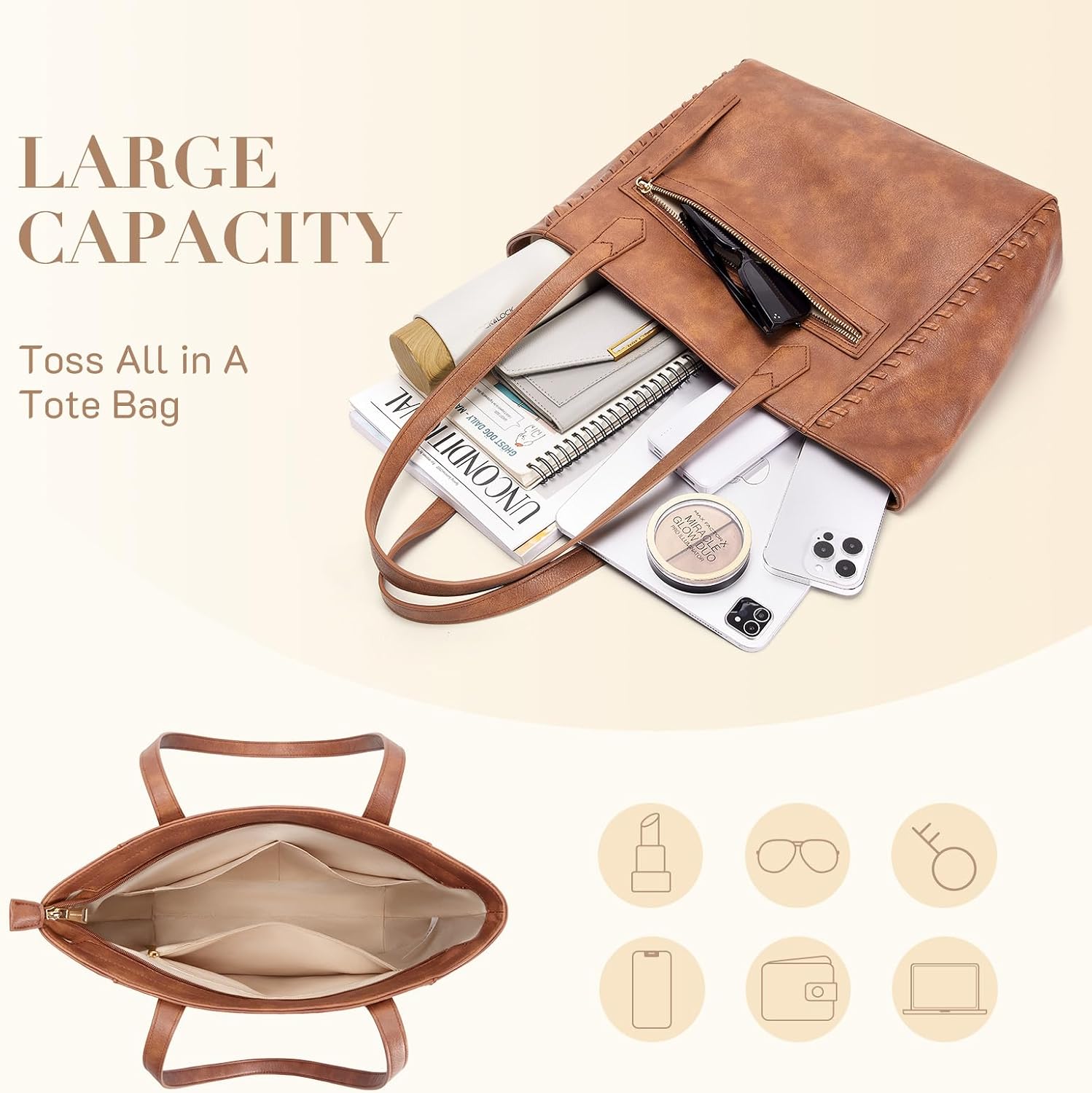 Women's PU Leather Braided Tote Bag with Zipper Pocket