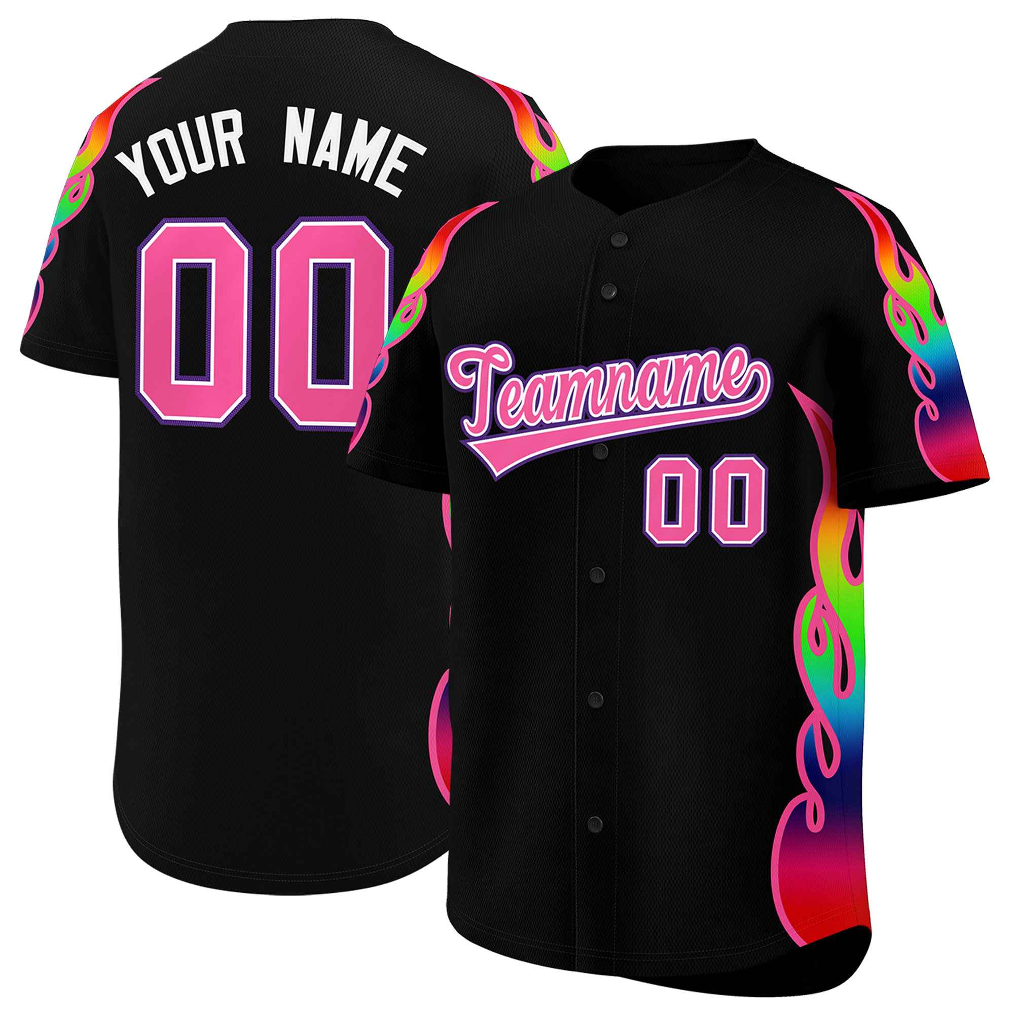 Benutzerdefiniertes Graffiti-Muster, personalisierter mehrfarbiger Flammendruck, authentisches Baseball-Trikot