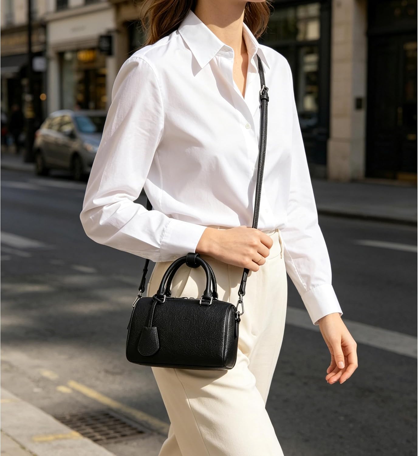 Women's Pebbled Leather Boston Handbag with Tassel, Black Women's Pebbled Leather Boston Handbag with Tassel, Black