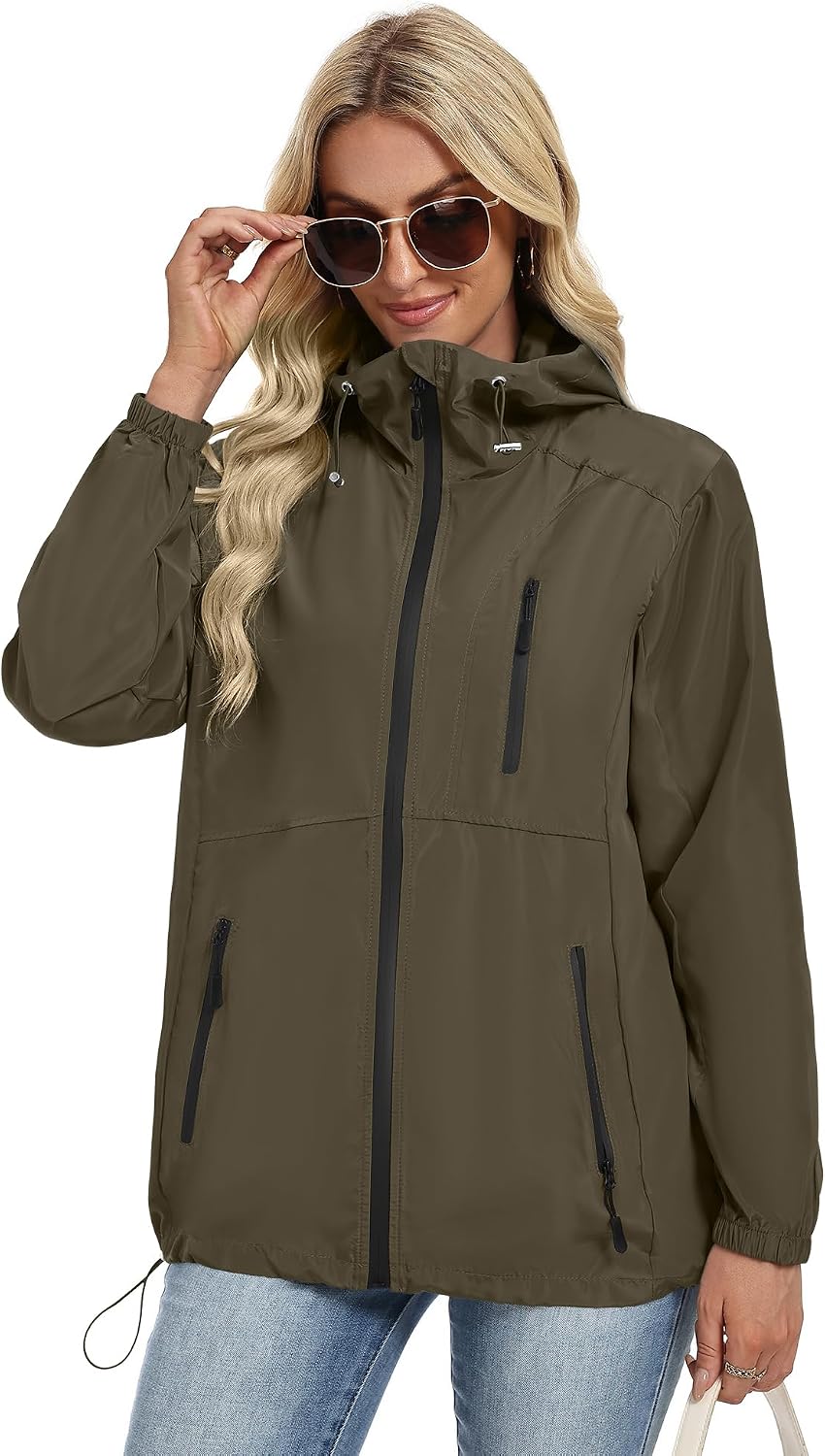 Women's Packable Hooded Windbreaker Rain Jacket Army Green