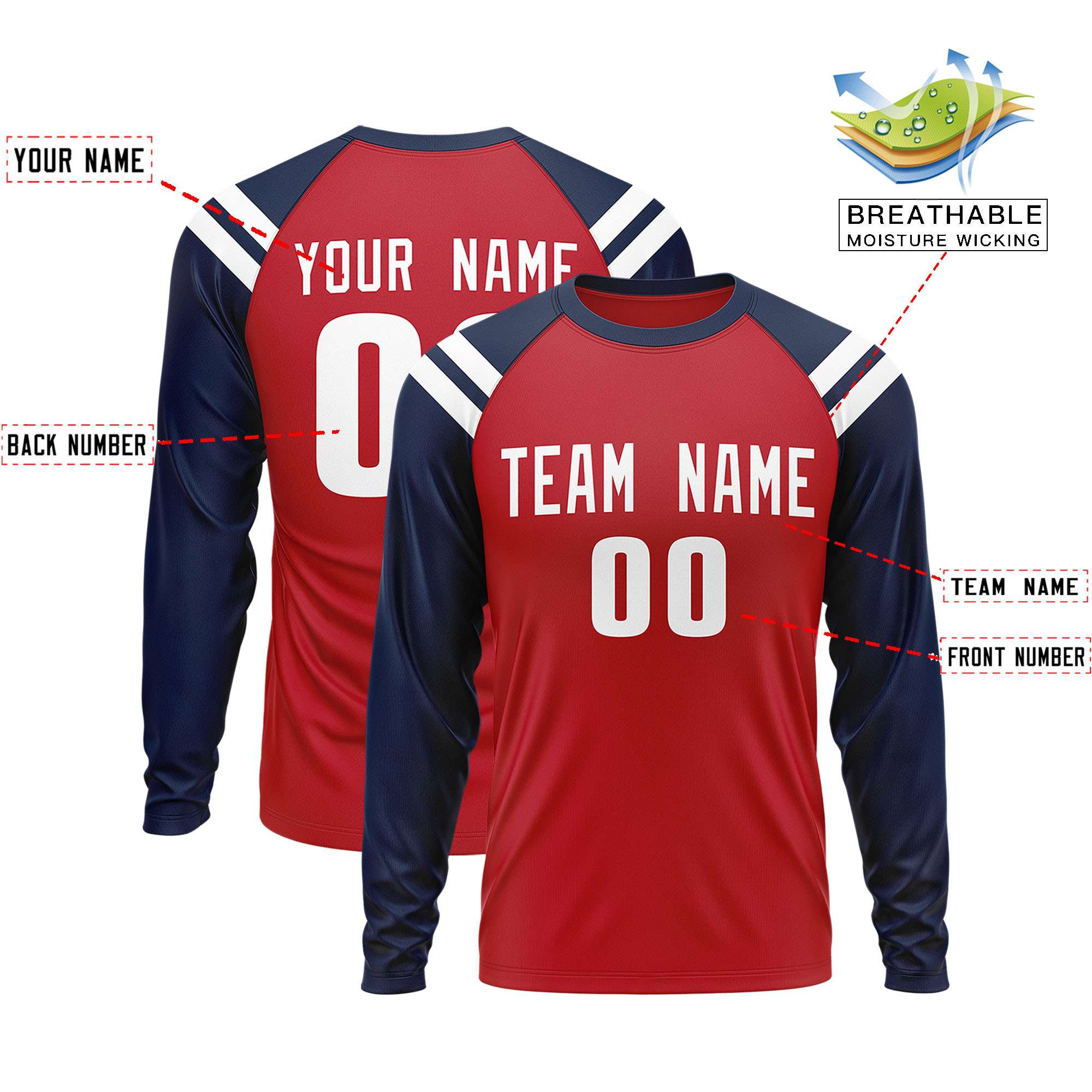 Personalisiertes Raglan-Langarm-Performance-T-Shirt mit individuellem Rundhalsausschnitt