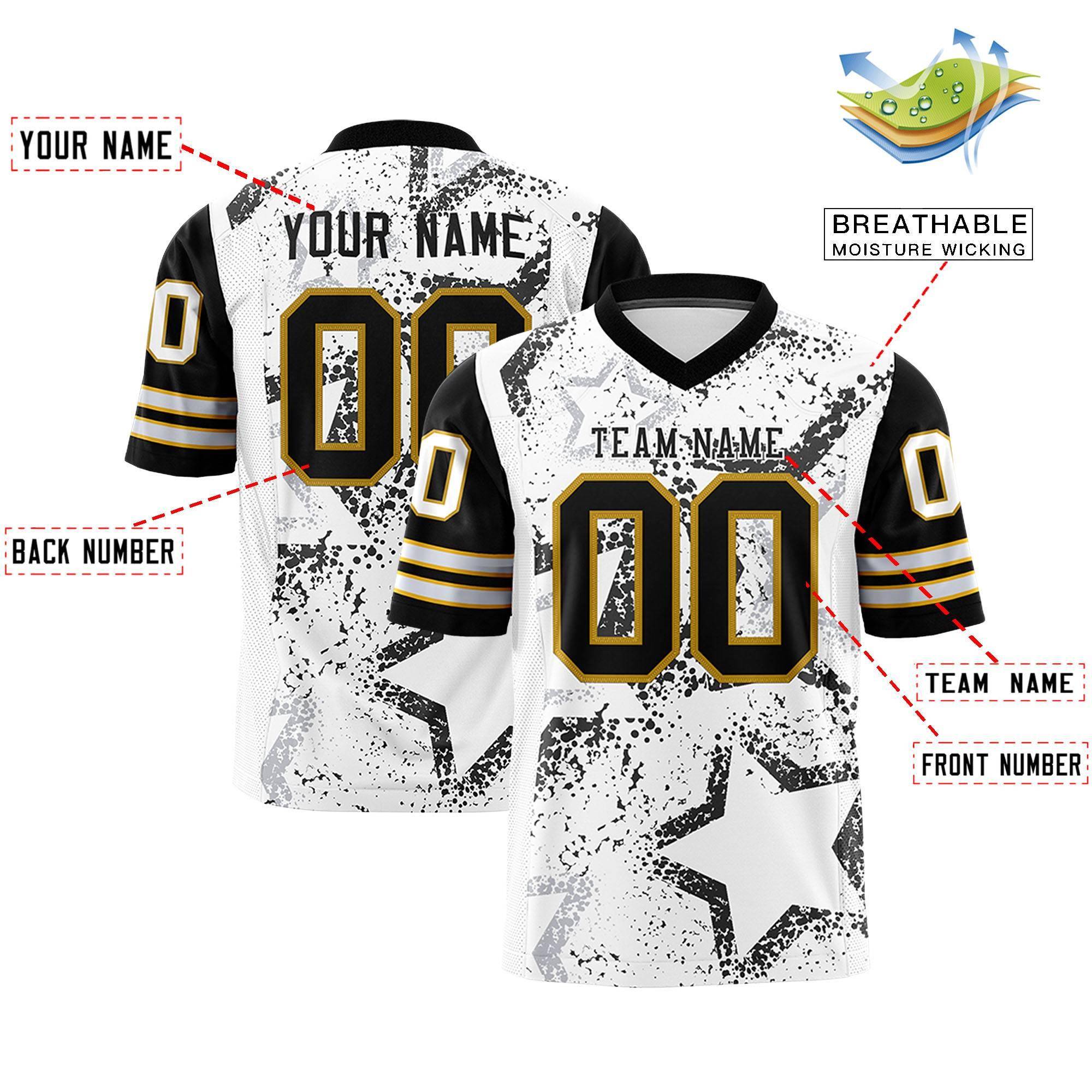 Benutzerdefiniertes, personalisiertes, authentisches Fußballtrikot mit Sternmuster-Design in Weiß, Schwarz und Altgold