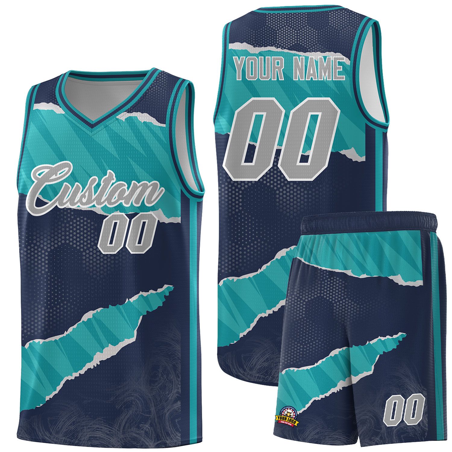 Benutzerdefiniertes mitternachtsblaues Aqua-Aqua-Tränen-Graffiti-Muster-Sportuniform-Basketballtrikot