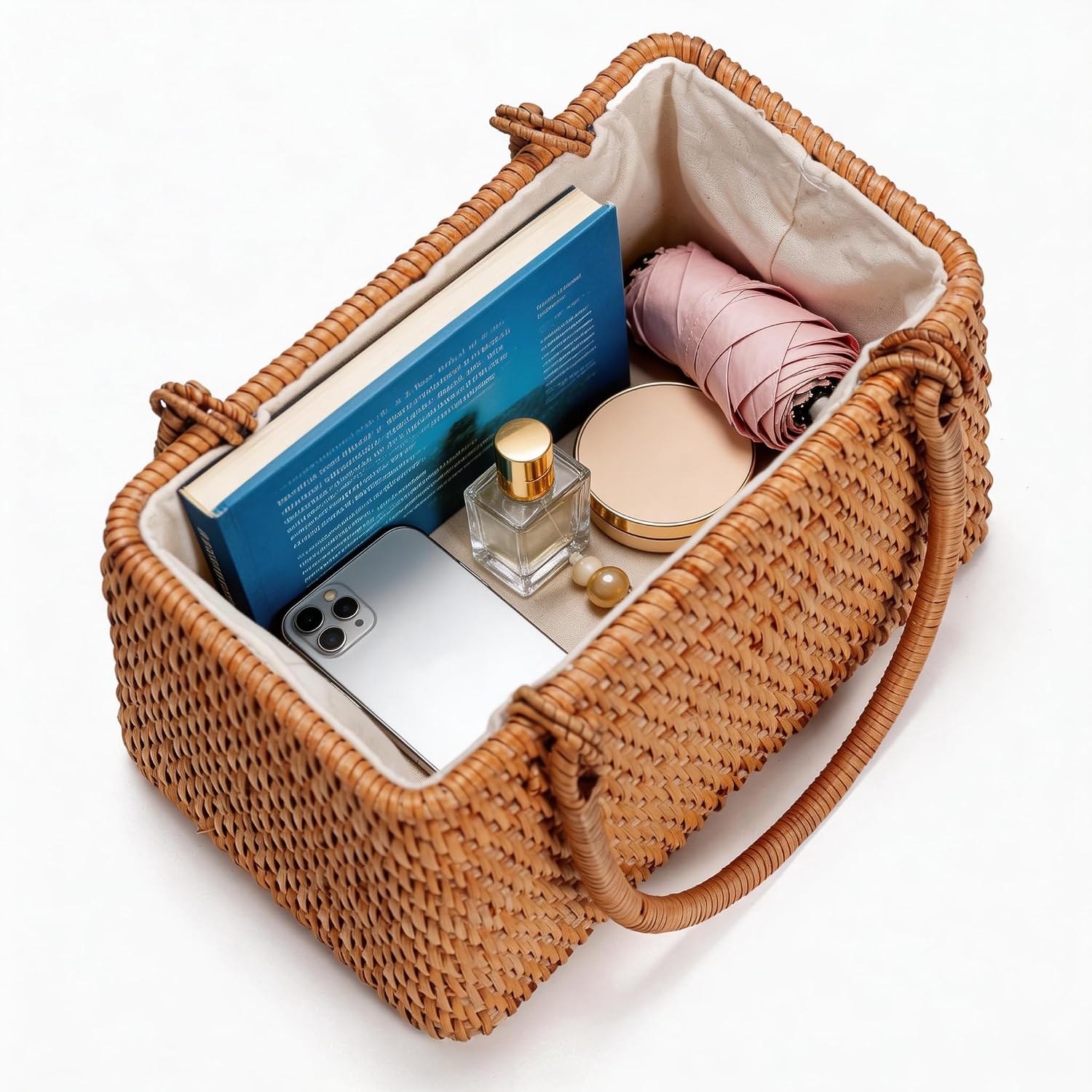 Women's Handwoven Rattan Top-Handle Basket Bag, Brown Women's Handwoven Rattan Top-Handle Basket Bag, Brown