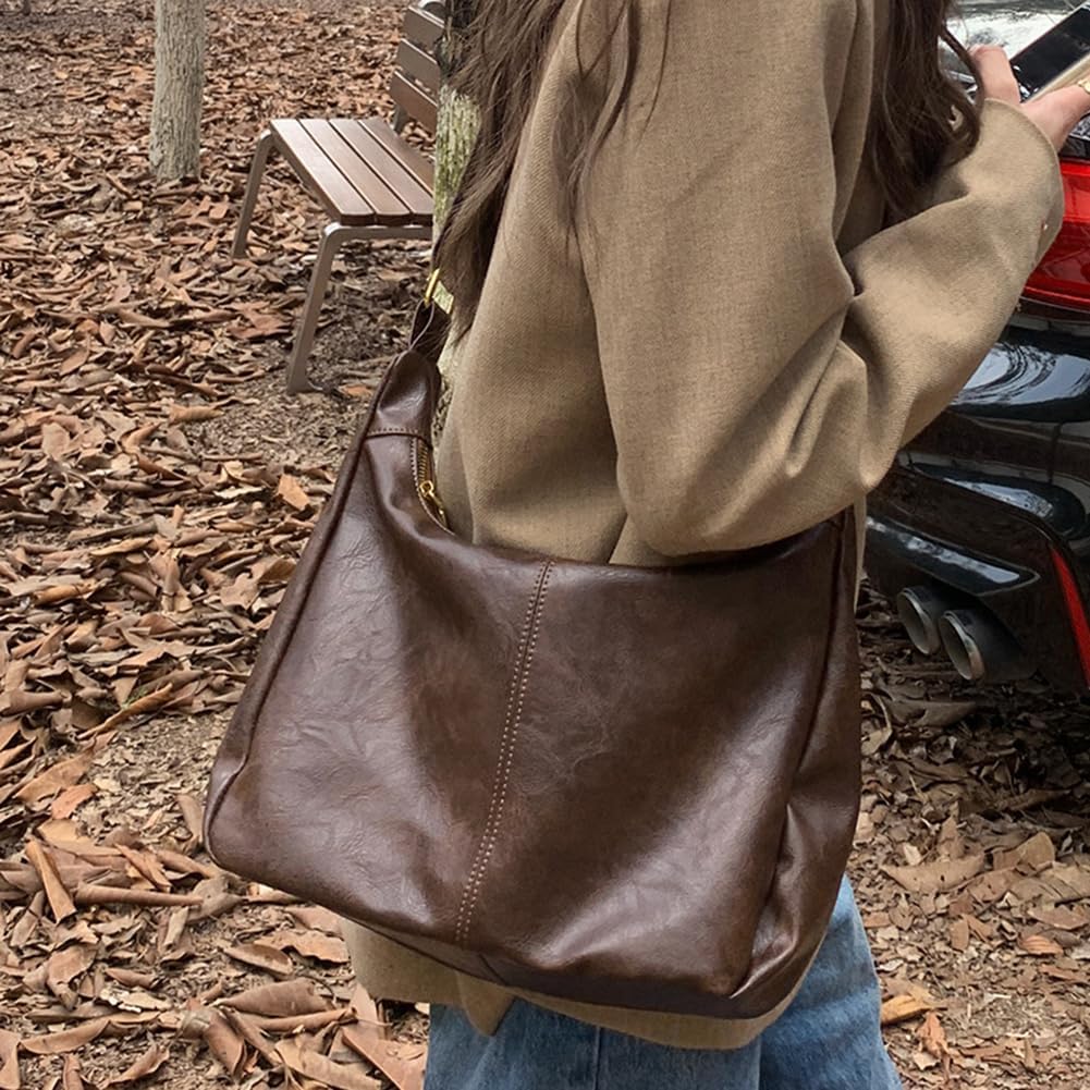 Women's PU Leather Slouchy Hobo Shoulder Bag Brown