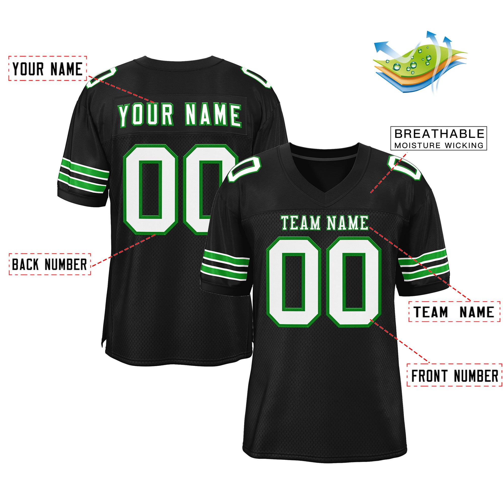 Maßgeschneidertes authentisches Mesh-Fußballtrikot im klassischen Stil in Schwarz, Weiß und Grasgrün