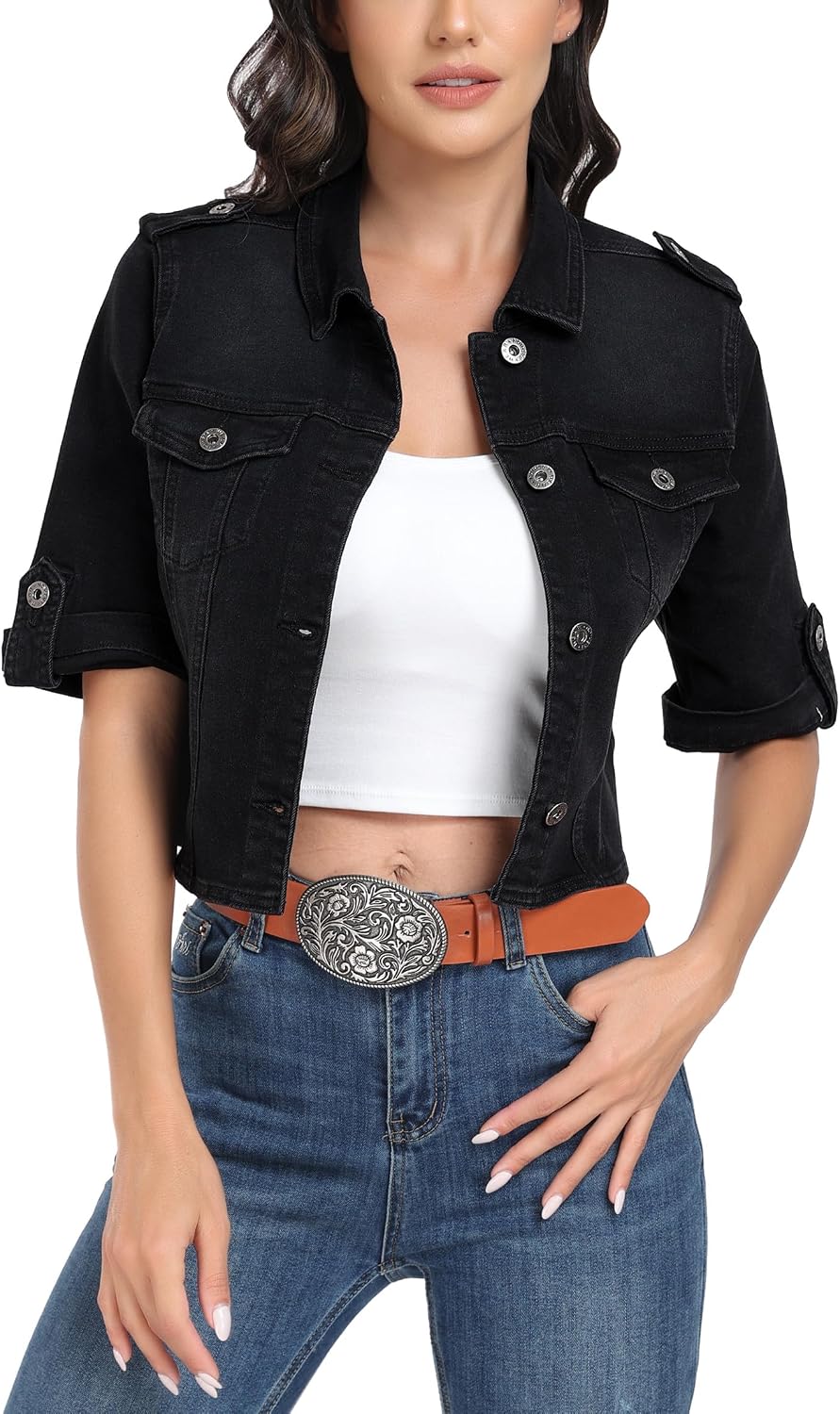 Women's Short Sleeve Stretch Denim Jacket Retro Casual Button Down Cropped Trucker Jean Jackets