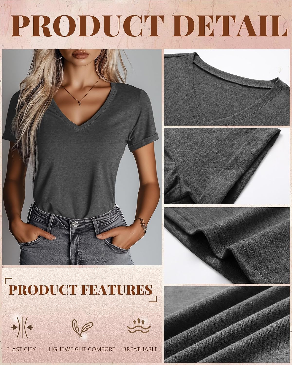 Women's 3 Pack Rolled Sleeve V Neck T-Shirts