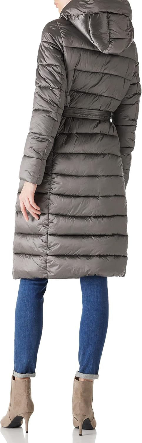 Women's Long Belted Puffer Coat High Neck Charcoal
