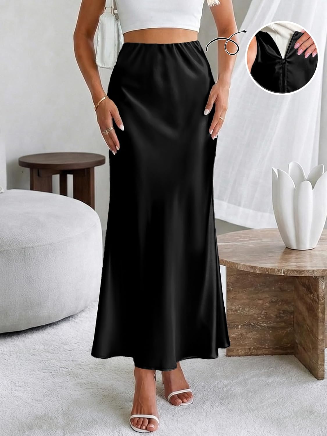 Women's Satin Maxi Skirt High Waist Fishtail Black