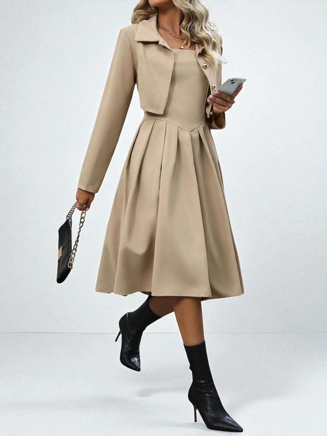 Women's Blazer Dress 2-Piece Set Pleated Square Neck Khaki
