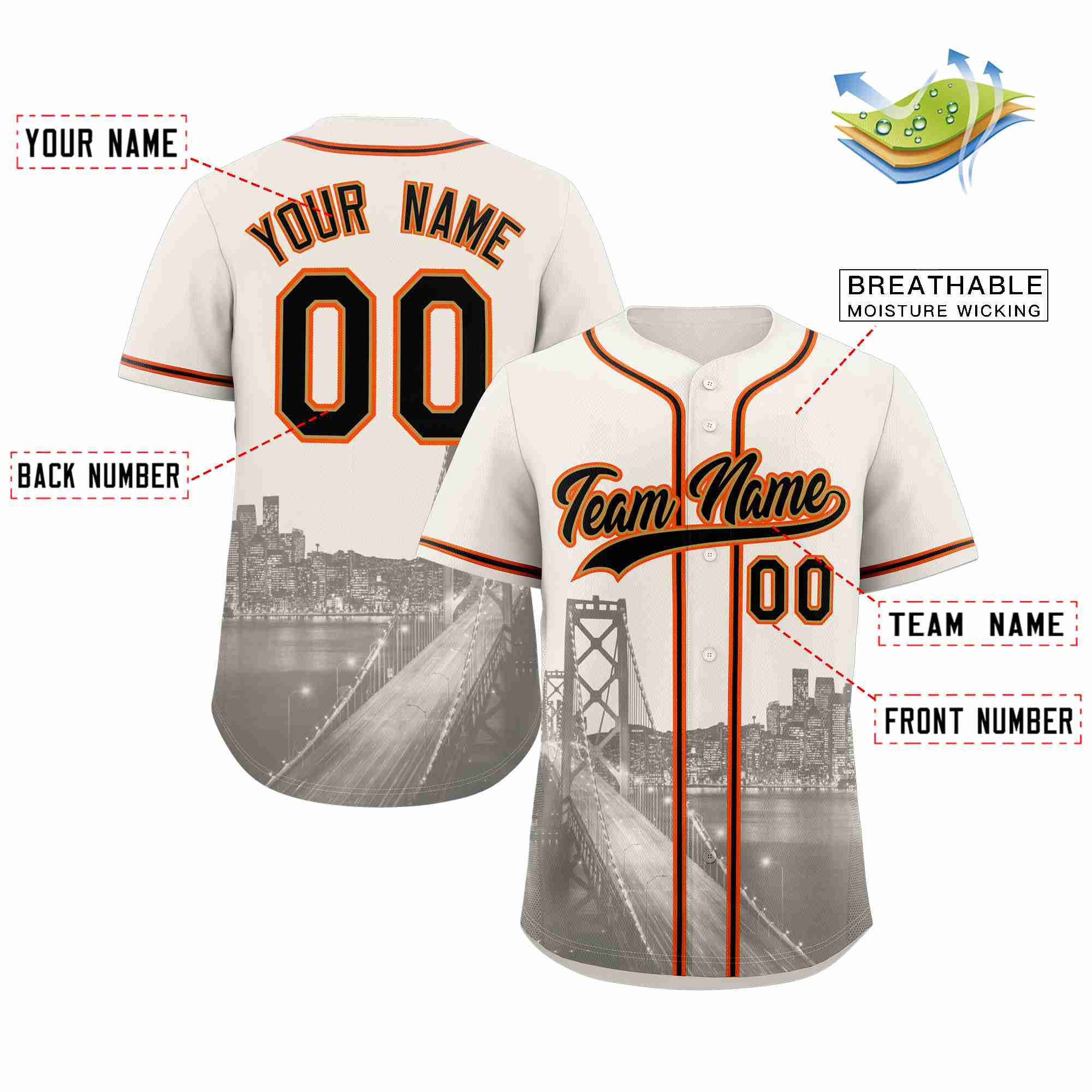 Benutzerdefiniertes schwarz-altgoldenes San Francisco City Skyline Baseball-Trikot Benutzerdefiniertes schwarz-altgoldenes San Francisco City Skyline Baseball-Trikot