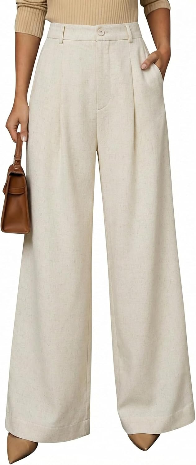 Women's Linen Blend Wide Leg Palazzo Pants All-Season Business Casual Outfits Dress Trousers