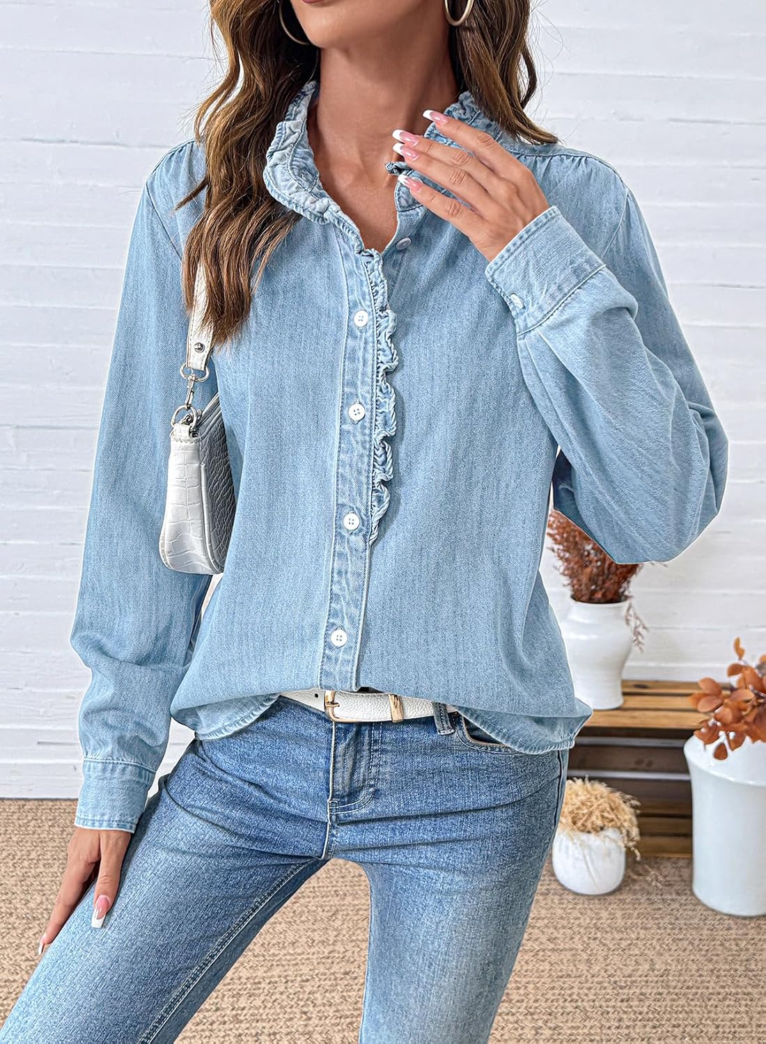 Women's Ruffle Trim Denim Shirt Button Down Long Sleeve