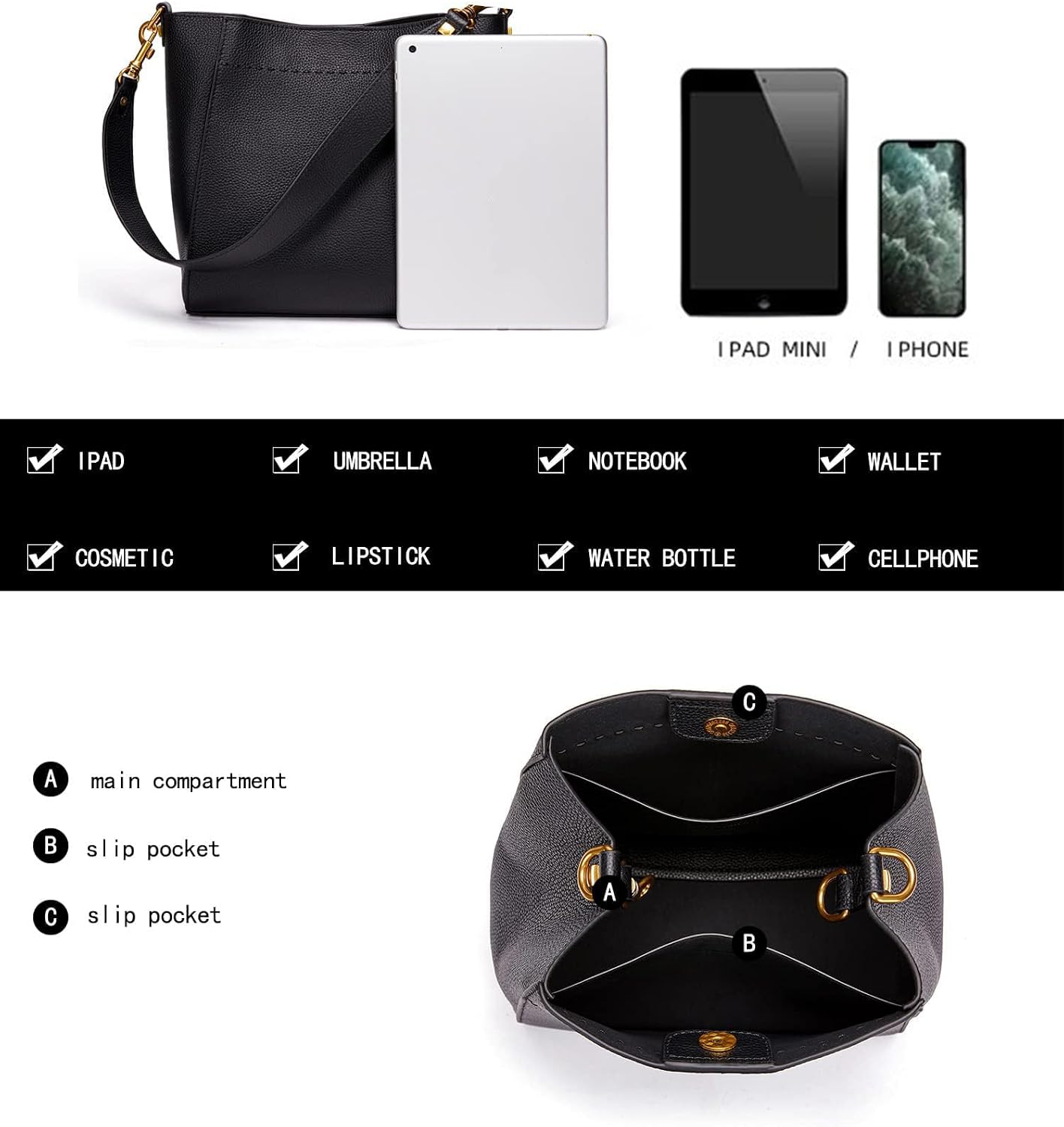 Women's Pebbled Leather Bucket Hobo Bag Gold Hardware Women's Pebbled Leather Bucket Hobo Bag Gold Hardware