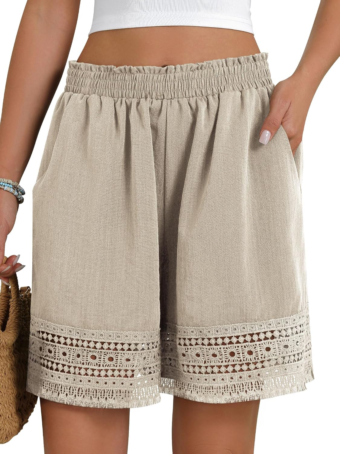 Women's Casual Elastic Waist Lounge Shorts Stretch Lace Trim Summer Beach Linen Ruffle