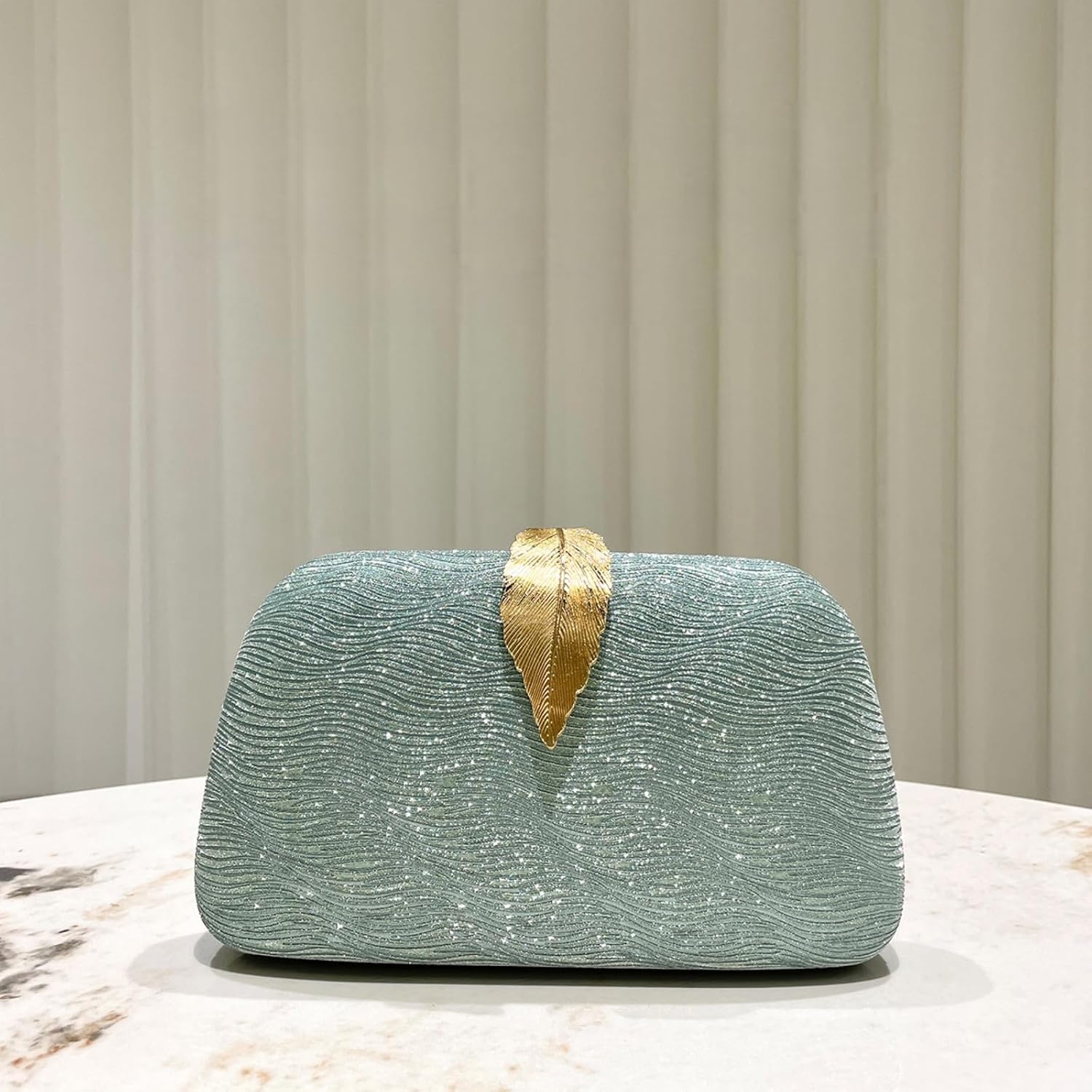 Women's Green Glitter Evening Clutch with Gold Chain