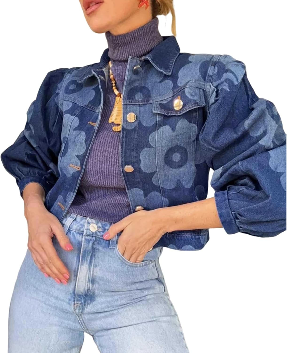 Women's Cropped Jean Jacket Fall Outfits Fashion Floral Printed Button Down Shacket Short Denim Jackets