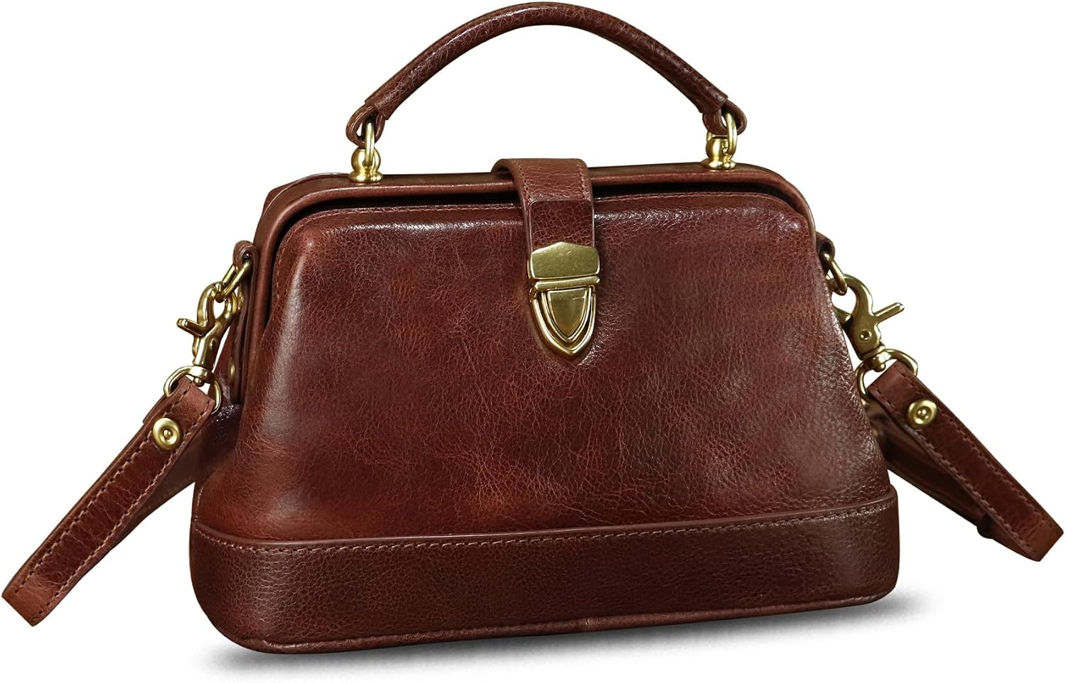 Women's Vintage Genuine Leather Kiss Lock Doctor Bag Brown Women's Vintage Genuine Leather Kiss Lock Doctor Bag Brown