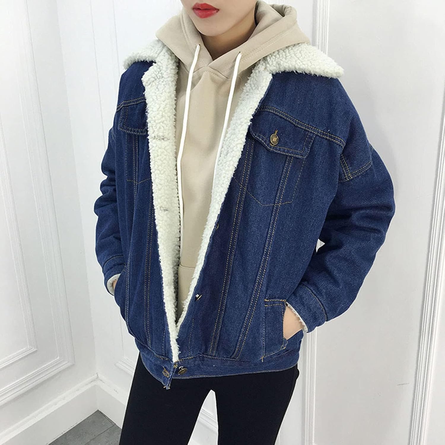 Womens Denim Jackets with Hood Sherpa Fleece Lined Jacket Vintage Button Down Jean Pockets Heavyweight