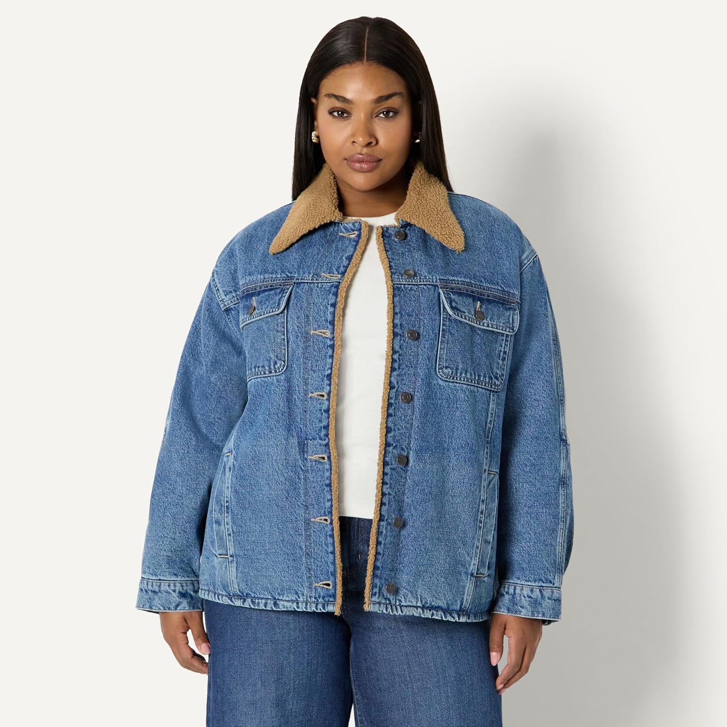 Women's Oversized Faux Shearling Trim Denim Jacket Women's Oversized Faux Shearling Trim Denim Jacket