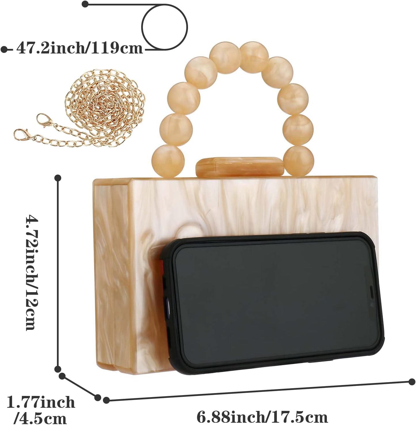 Women's Marble Acrylic Clutch Box Purse with Beaded Handle