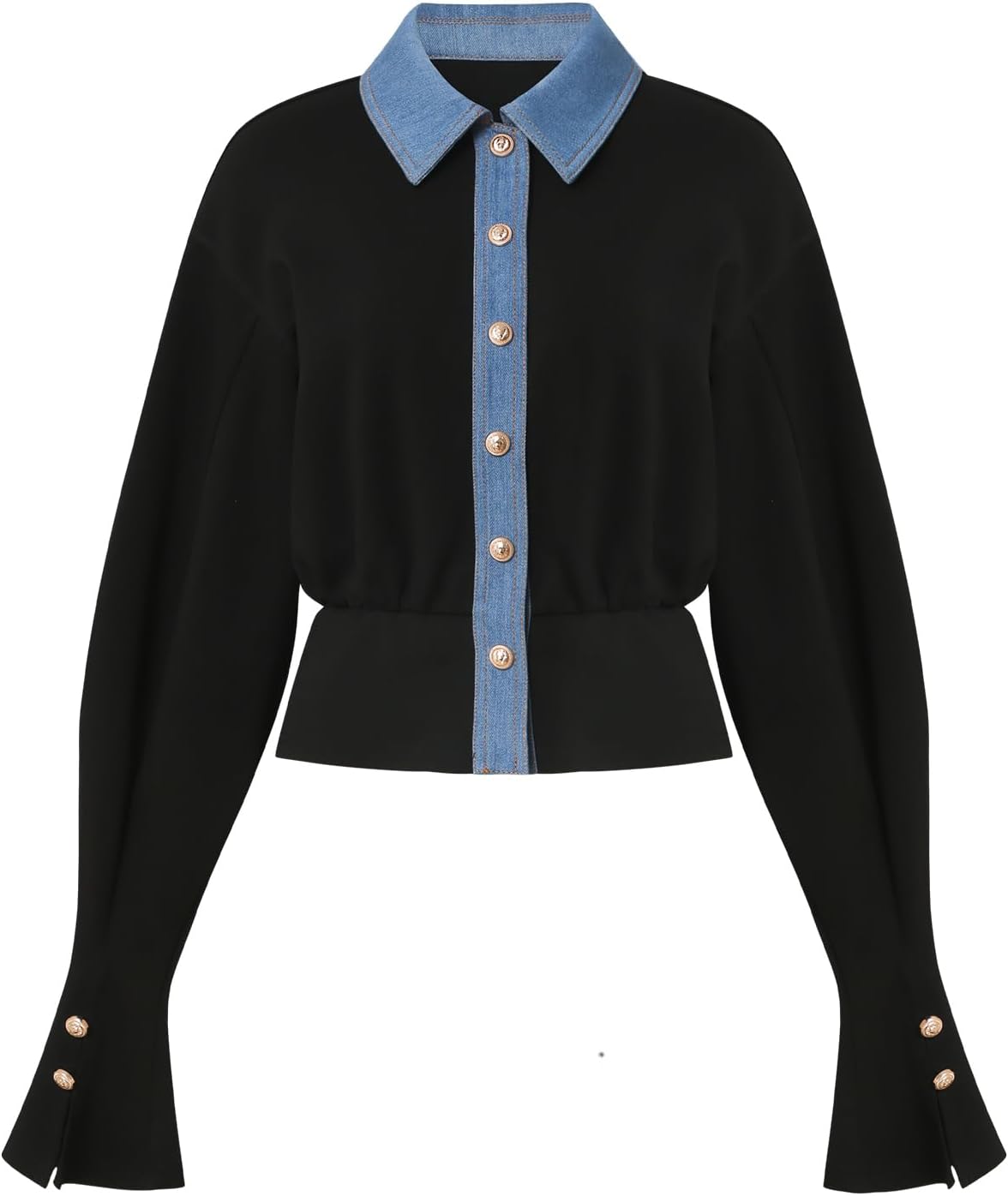 Women's Denim Patchwork Knit Cardigan Bell Sleeve