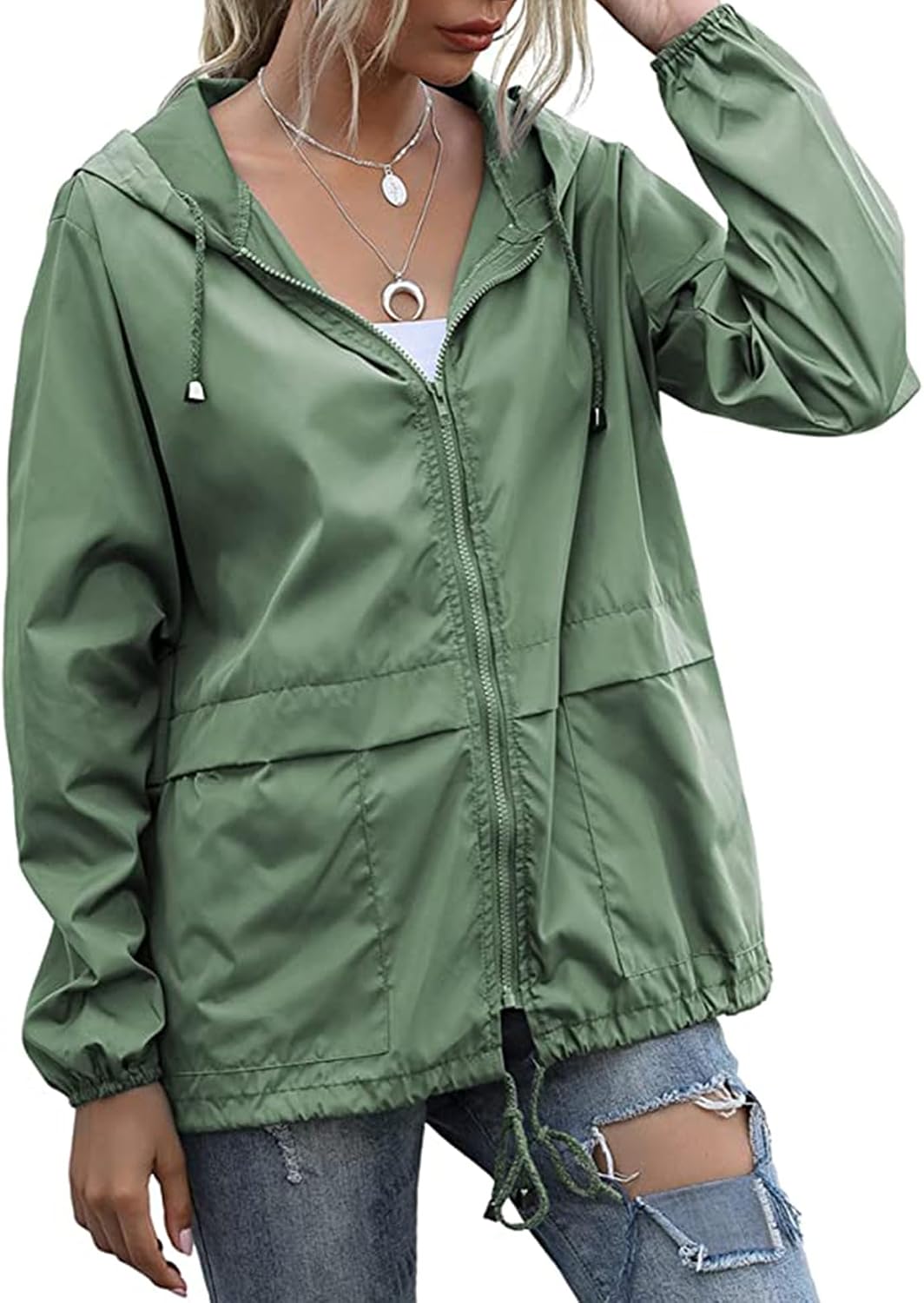 Women's Lightweight Hooded Rain Jacket Packable Sage Green