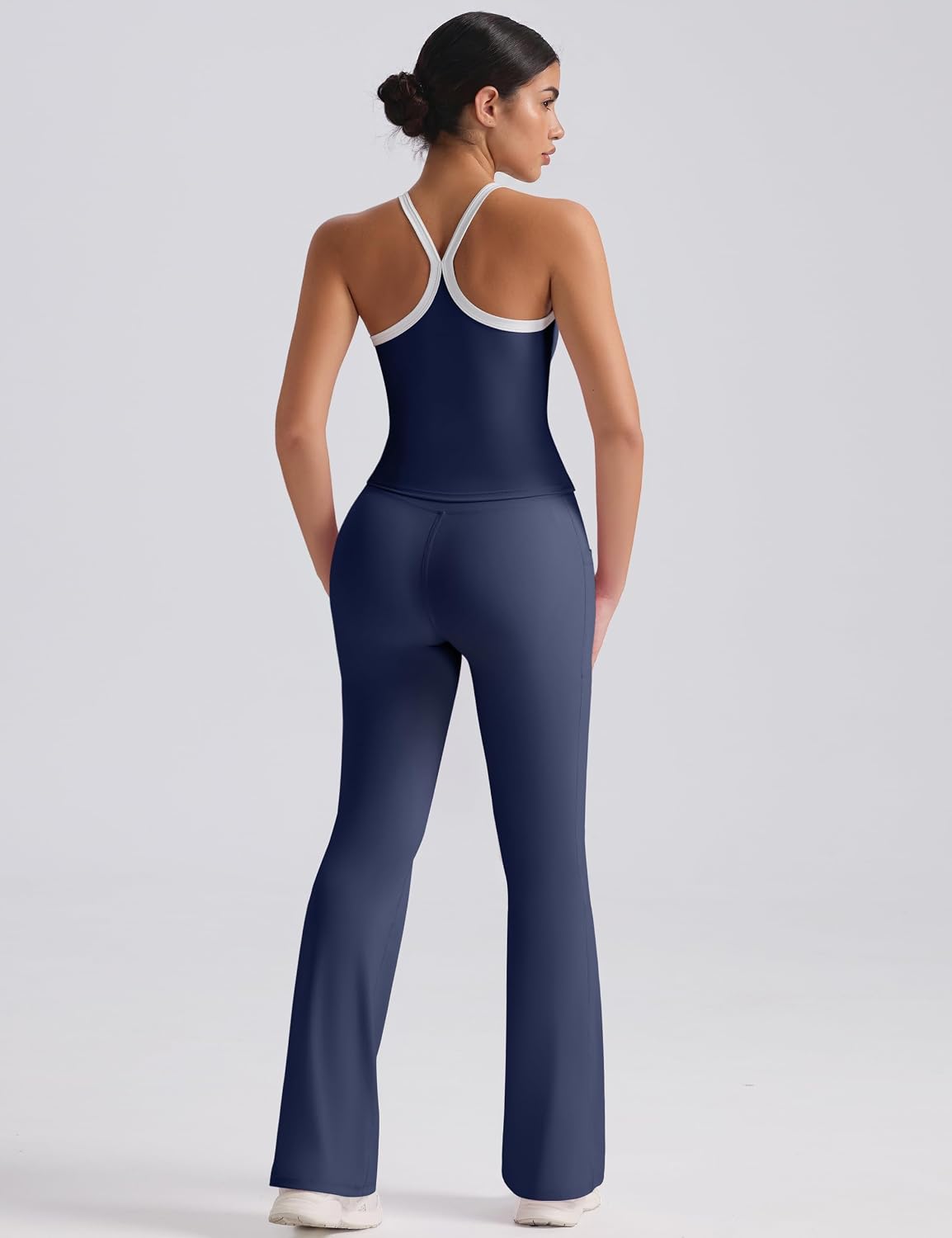 Women 2 Piece Workout Sets High Waisted Flare Leggings with Pockets Matching Cross Back Tank Top Contrast Trim