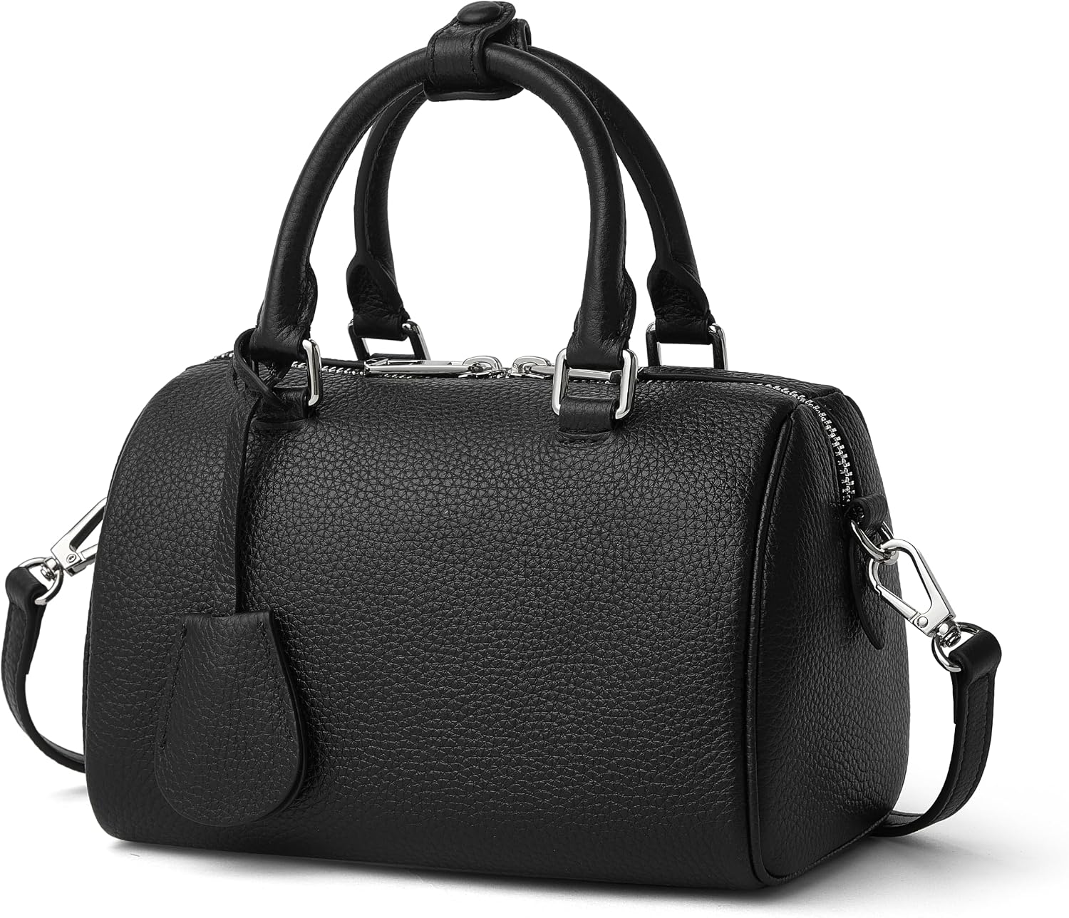 Women's Pebbled Leather Boston Handbag with Tassel, Black