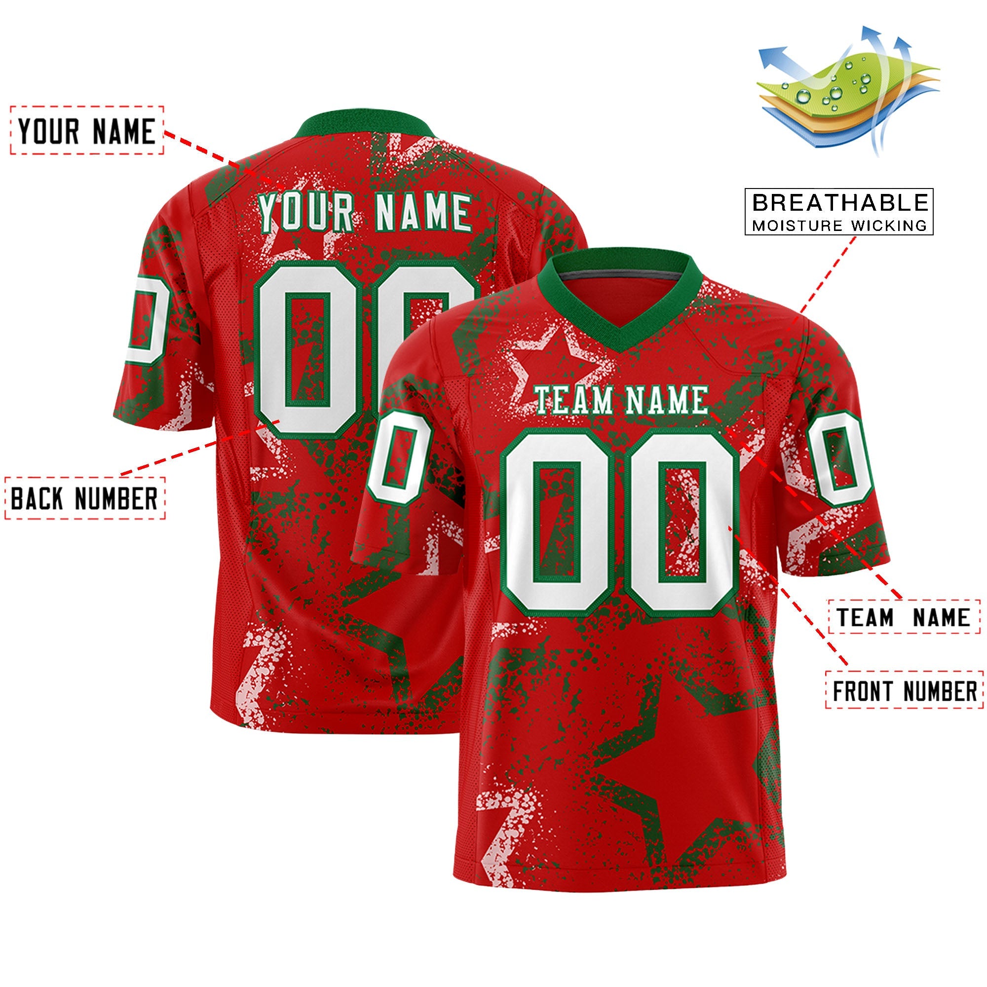 Benutzerdefiniertes Kelly Green-White personalisiertes authentisches Fußballtrikot mit Stern-Graffiti-Muster Benutzerdefiniertes Kelly Green-White personalisiertes authentisches Fußballtrikot mit Stern-Graffiti-Muster