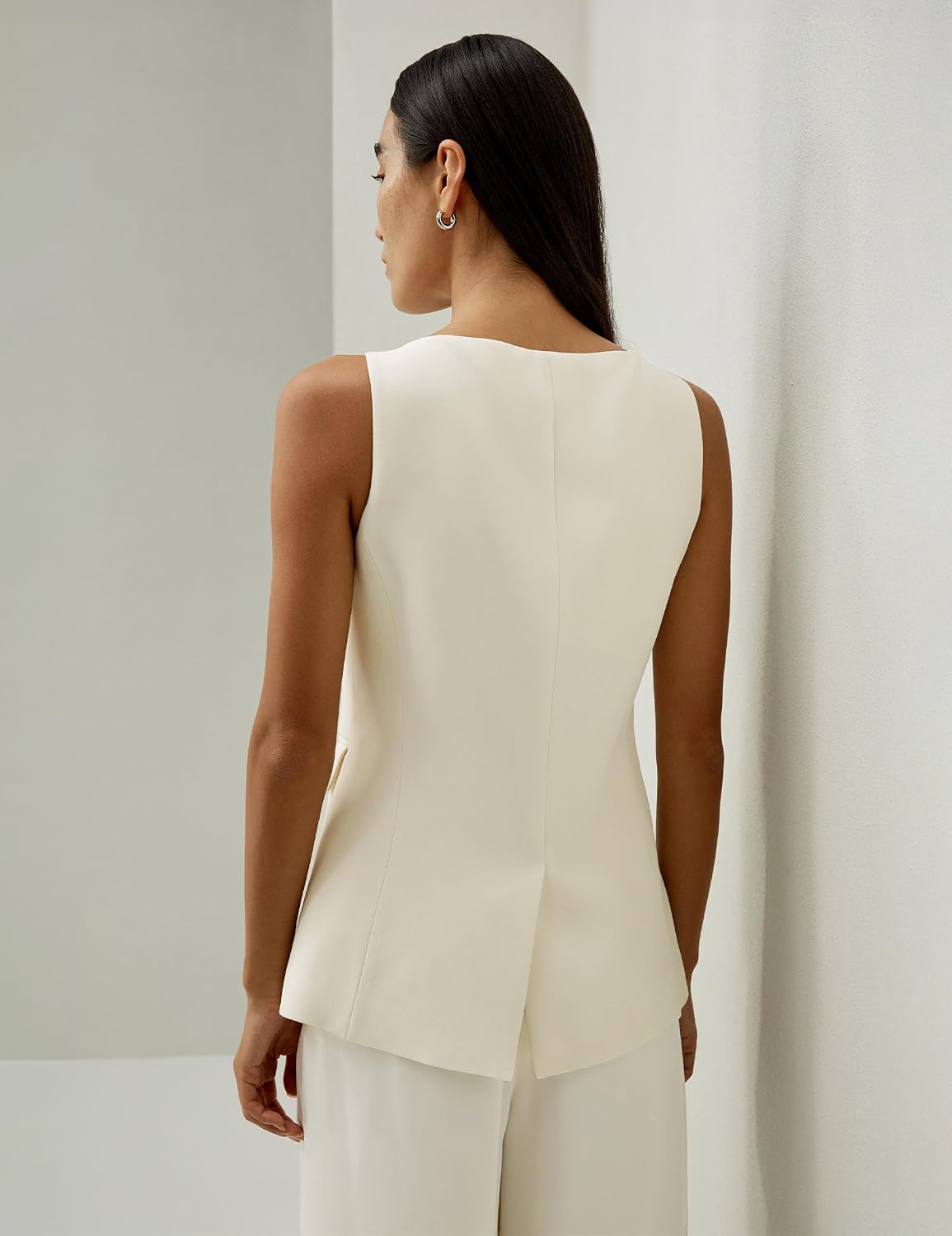 Women's Silk Blazer Vest Button Front Boatneck Ivory Waistcoat