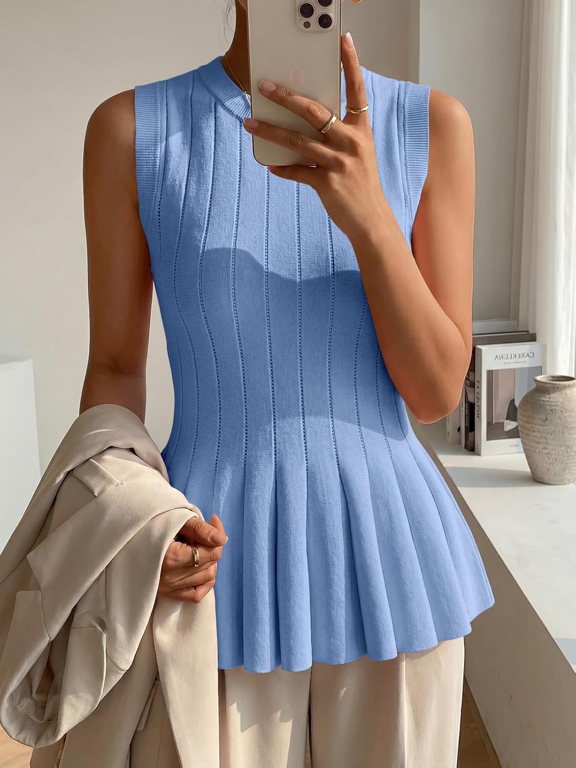 Women's Crew Neck Ribbed Knit Peplum Tank