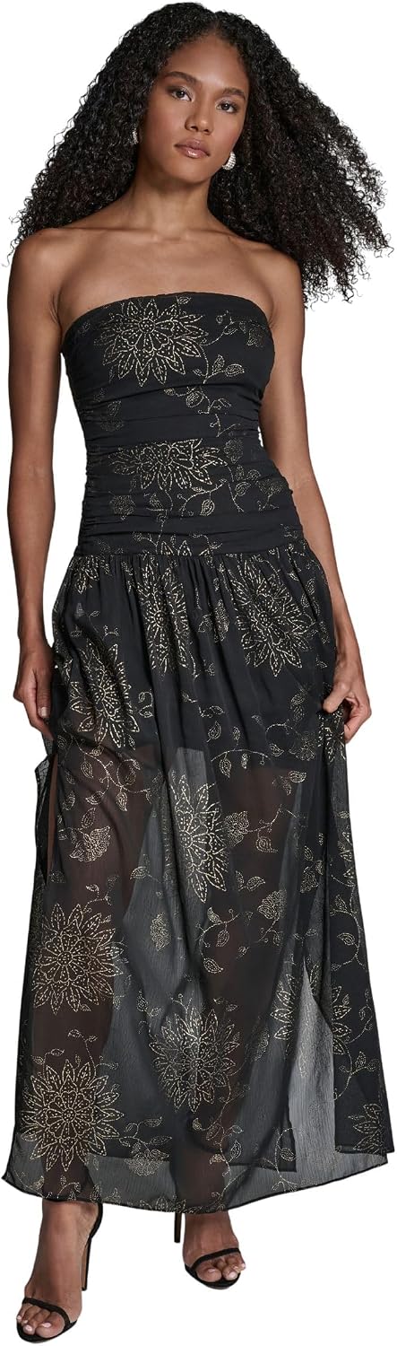 Women's Strapless Round Neck Floral Drop Waist Maxi Dress
