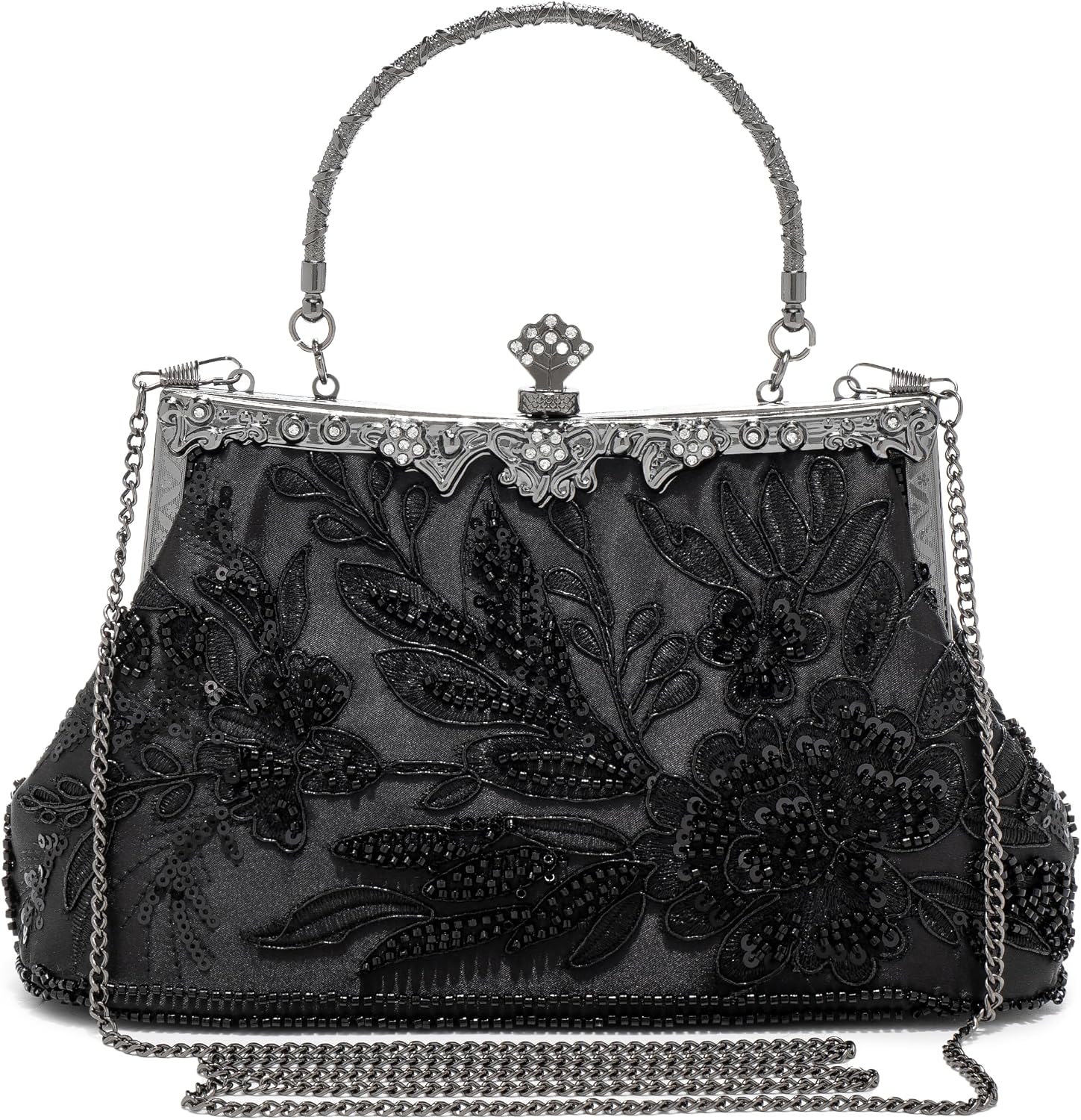Women's Black Beaded Floral Clutch with Handle and Chain
