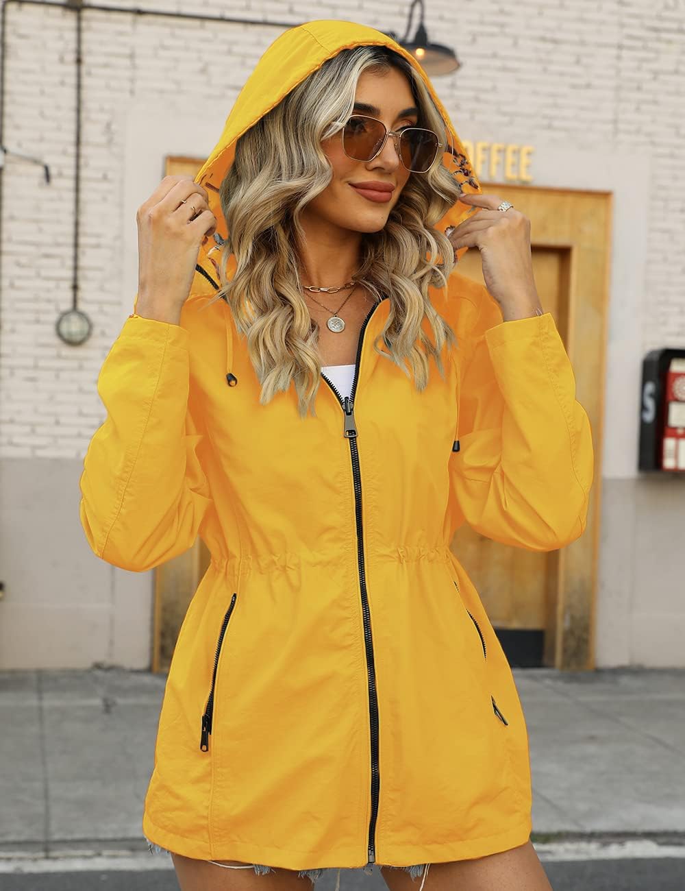 Women's Reversible Hooded Rain Jacket Floral Print Yellow