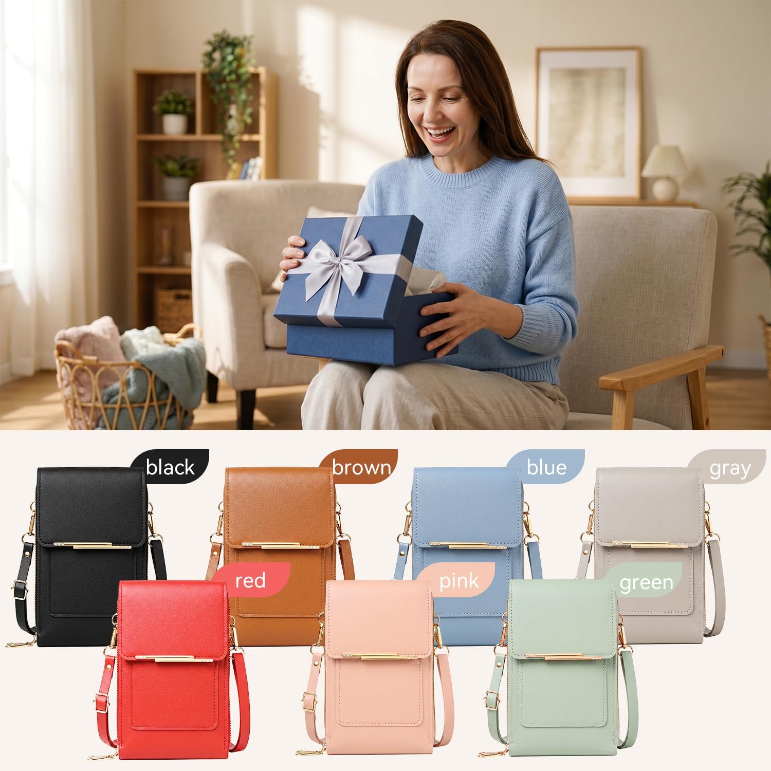 Women's PU Leather Phone Crossbody Bag Touchscreen Purse Black