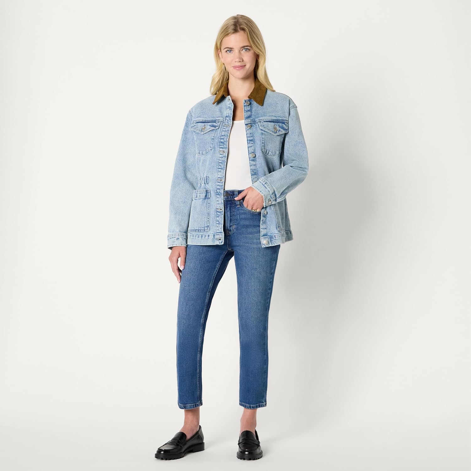 Women's Corduroy Collar Cinched Waist Denim Barn Jacket Women's Corduroy Collar Cinched Waist Denim Barn Jacket