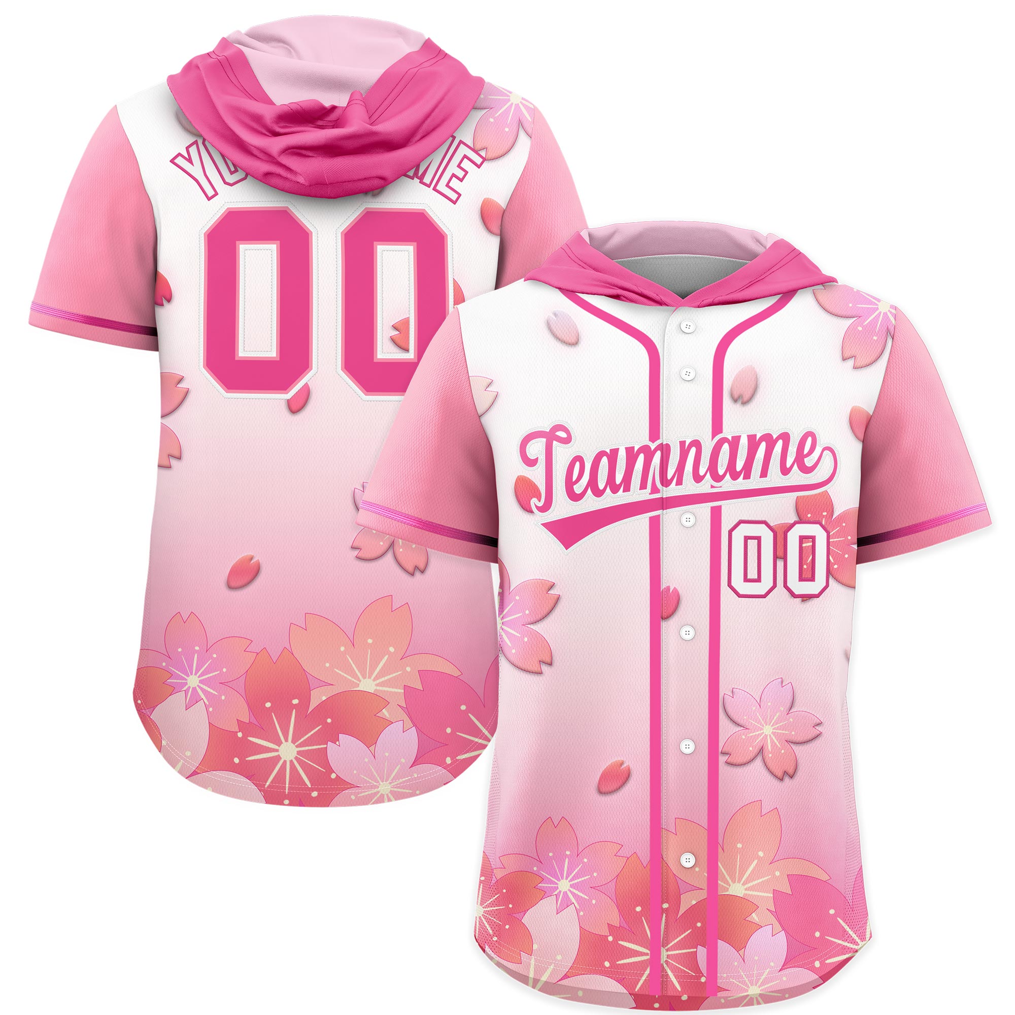 Benutzerdefiniertes Kirschblüten-Raglanärmel-atmungsaktives Baseball-Kapuzentrikot Benutzerdefiniertes Kirschblüten-Raglanärmel-atmungsaktives Baseball-Kapuzentrikot