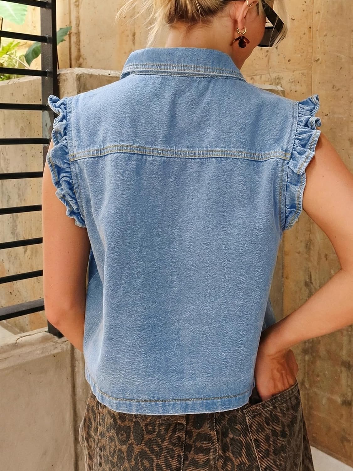 Women's Ruffle Denim Vest Button Front Cropped Jean Jacket