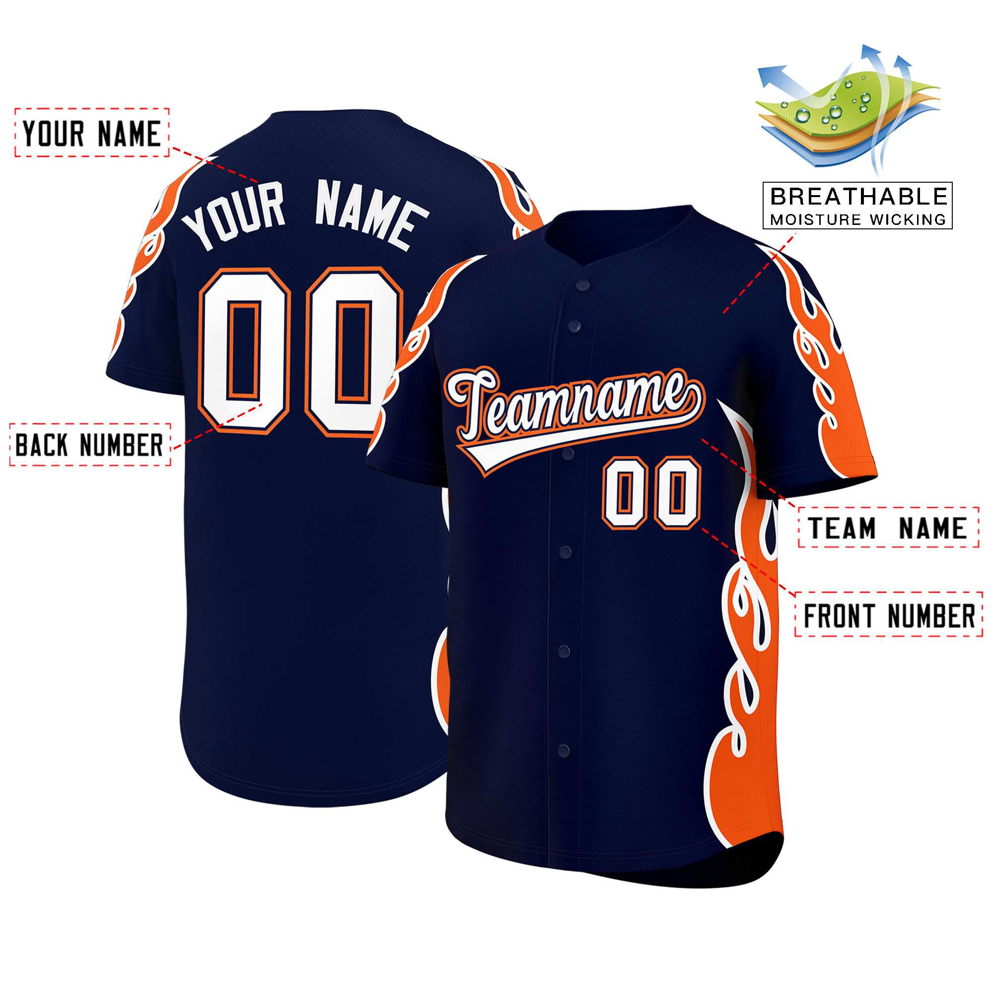 Benutzerdefiniertes Baseball-Trikot mit Seitenflammen-Umrissmuster für Sportuniformen