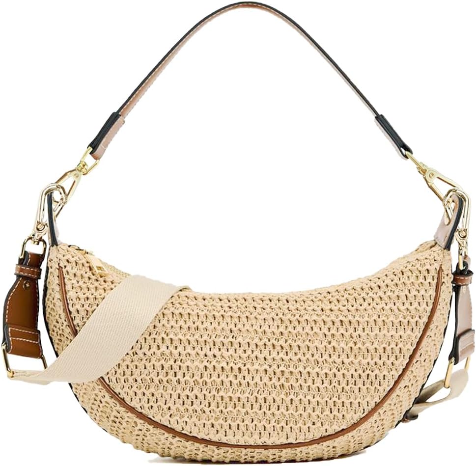 Women's Beige Straw Crescent Crossbody Bag Woven Hobo Purse