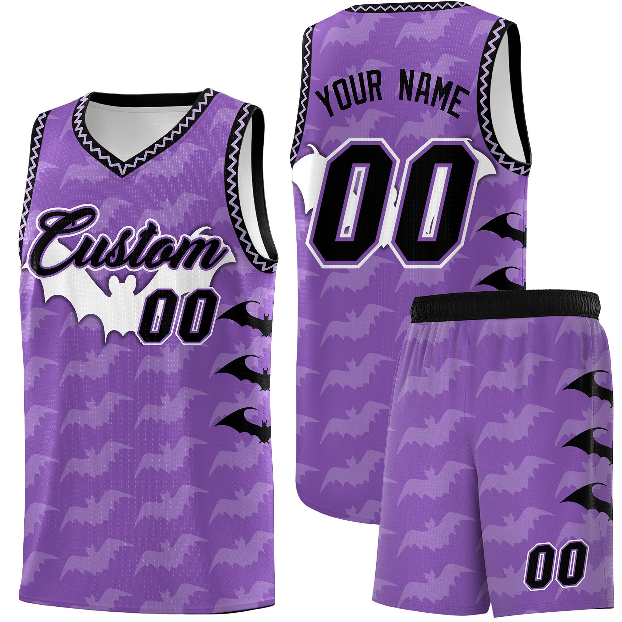 Benutzerdefiniertes hellviolettes Fledermausmuster-Halloween-Basketballtrikot